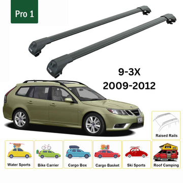 For Saab 9-3 Sportwagon 2009-2012 Roof Rack Cross Bars Raised Rail Alu Black - 0