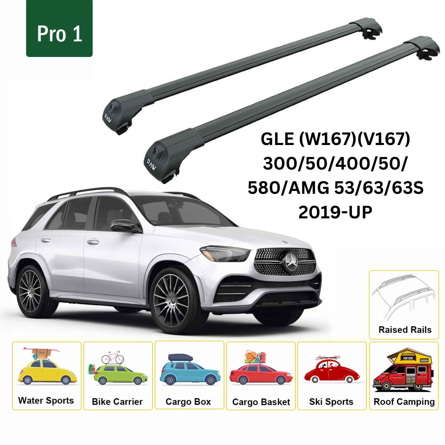 For Mercedes GLE (W167)(V167) 2019-Up Roof Rack Cross Bars Raised Rail Alu Black