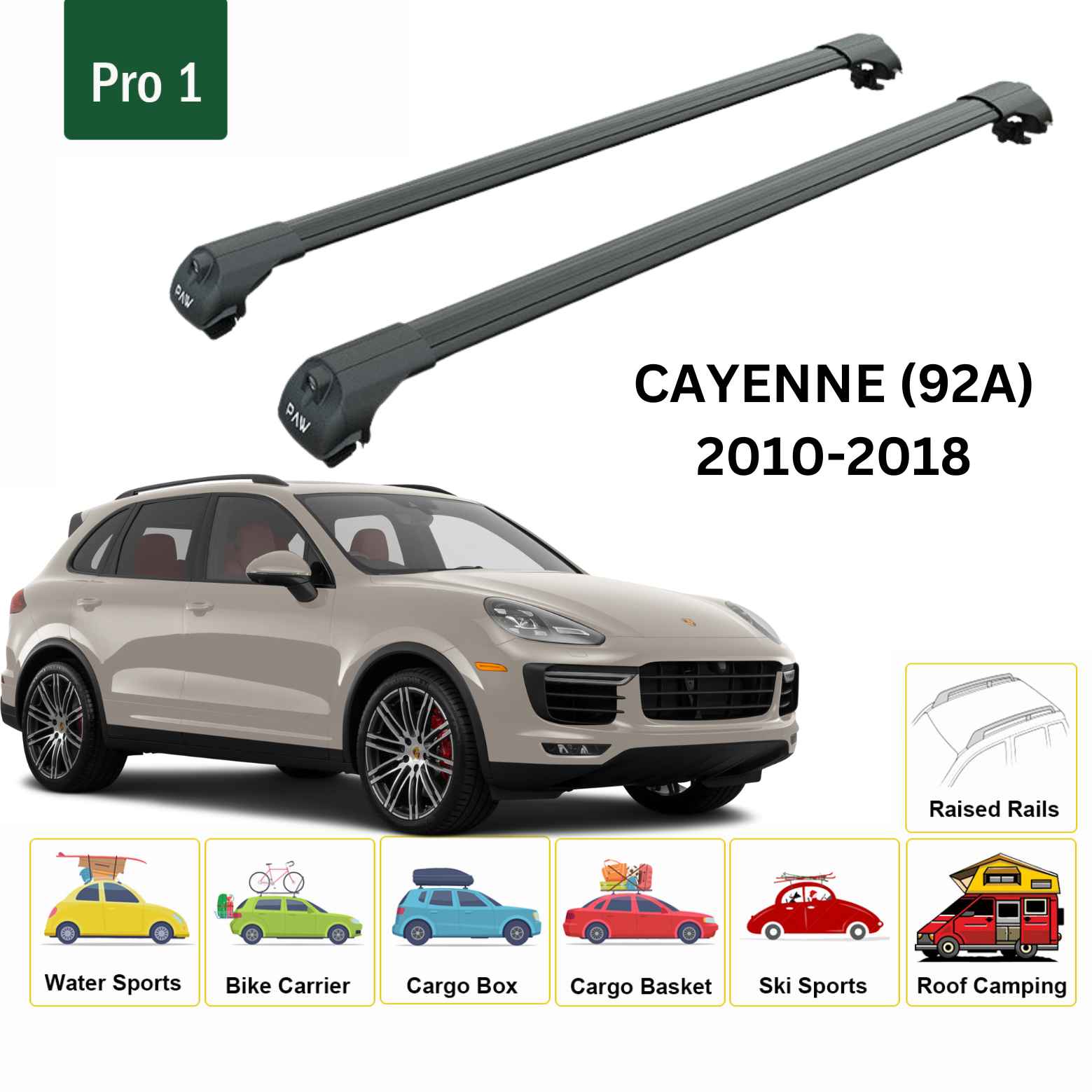 For Porsche Cayenne (92A) 2011-18 Roof Rack Cross Bars Raised Rail Alu Black - 0