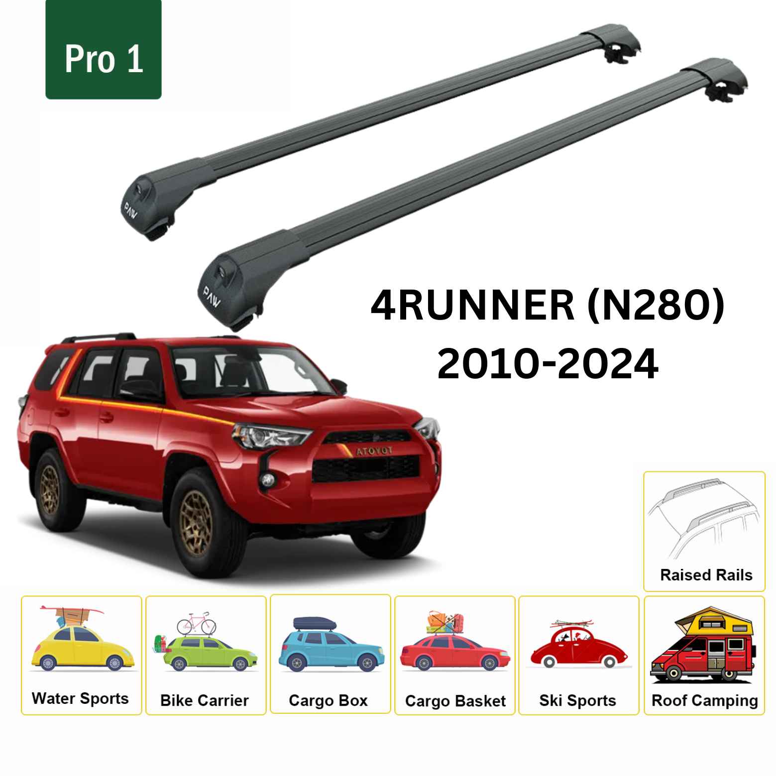 For Toyota 4Runner (N280) 2010-24 Roof Rack Cross Bars Raised Rail Alu Black - 0
