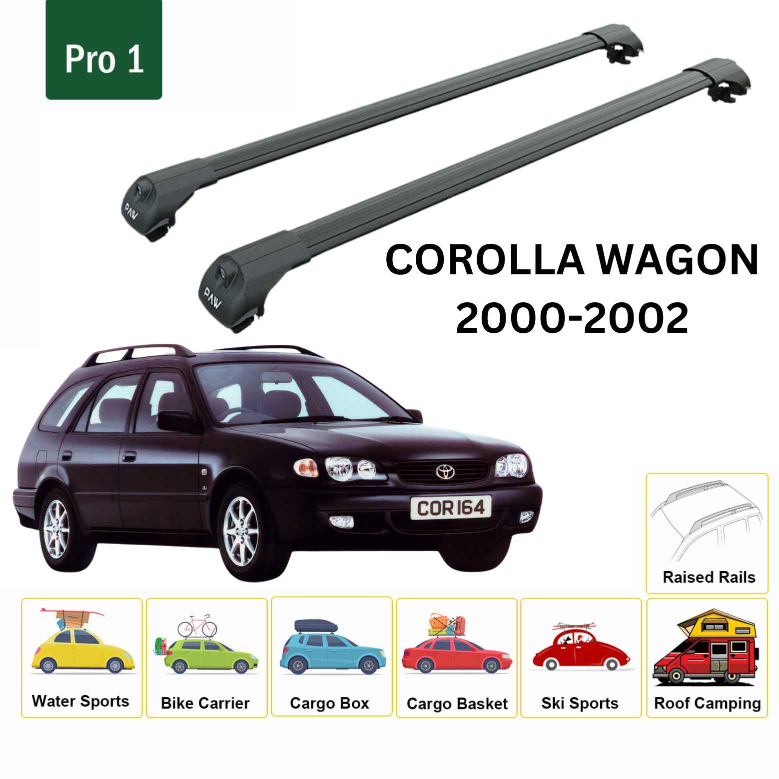 For Toyota Corolla Wagon 2000-02 Roof Rack Cross Bars Raised Rail Alu Black