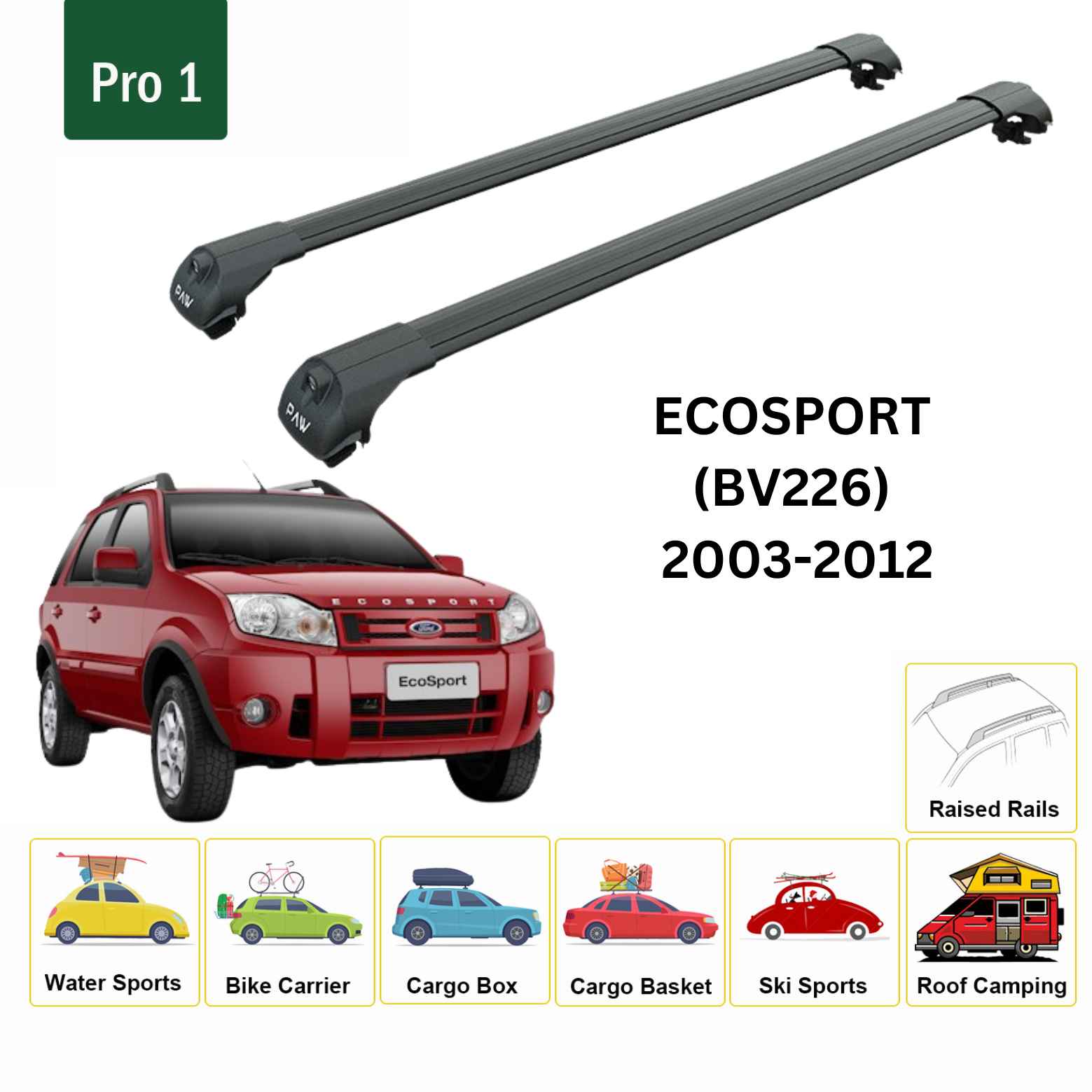 For Ford EcoSport (BV226) 2003-12 Roof Rack Cross Bars Raised Rail Alu Black - 0