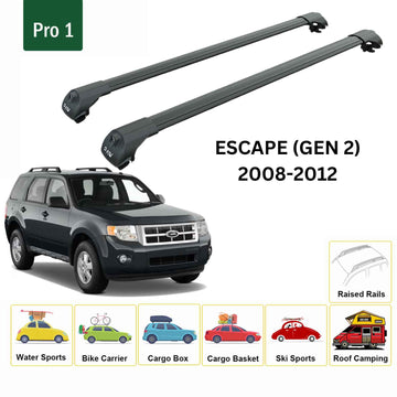 For Ford Escape (Gen 2) 2008-2012 Roof Rack Cross Bars Raised Rail Alu Black - 0