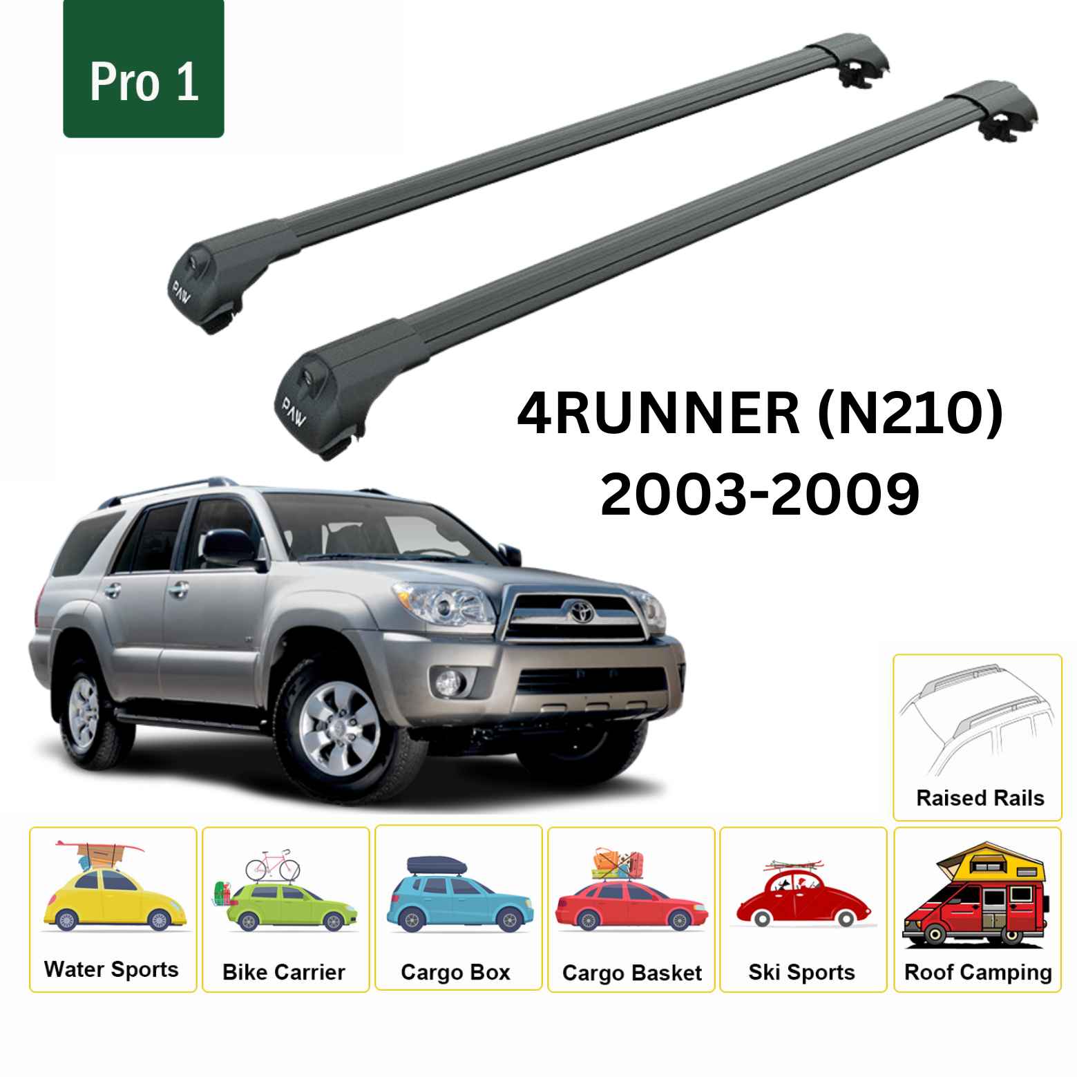 For Toyota 4Runner (N210) 2003-09 Roof Rack Cross Bars Raised Rail Alu Black - 0