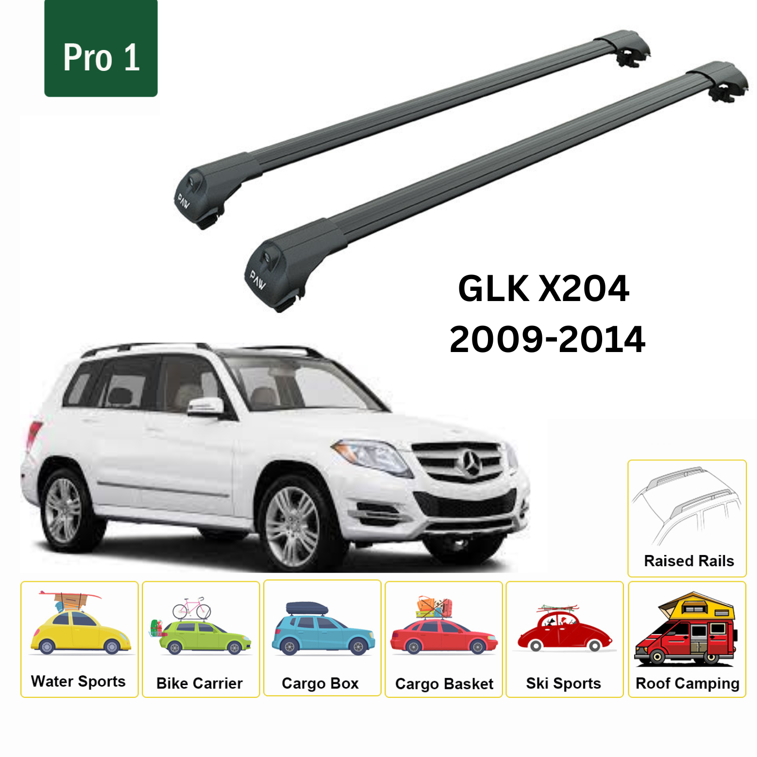 For Mercedes Benz GLK X204 2009-15 Roof Rack Cross Bars Metal Bracket Raised Rail Alu Black - 0