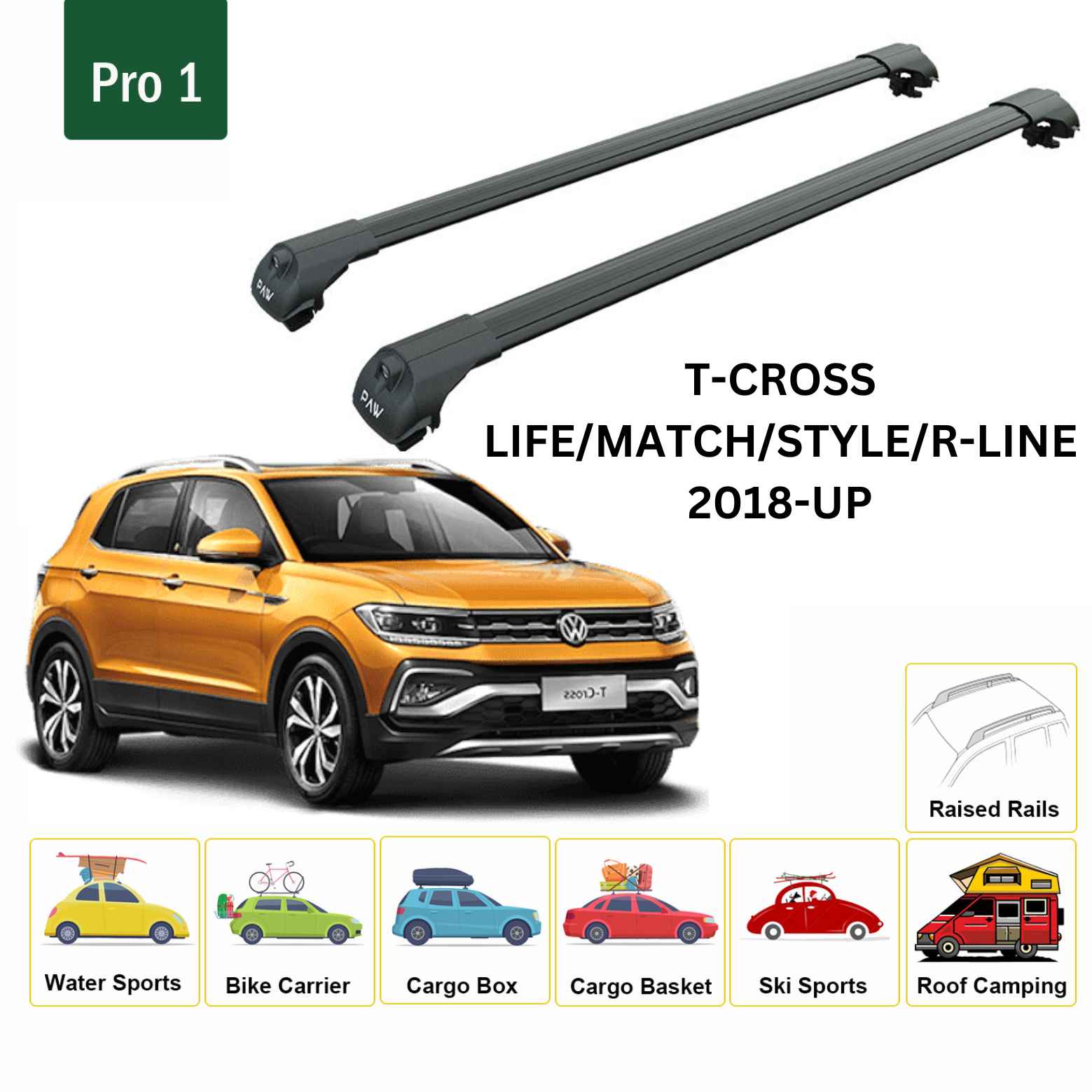 For Volkswagen T-Cross 2018-Up Roof Rack Cross Bar Raised Rail Alu Black - 0