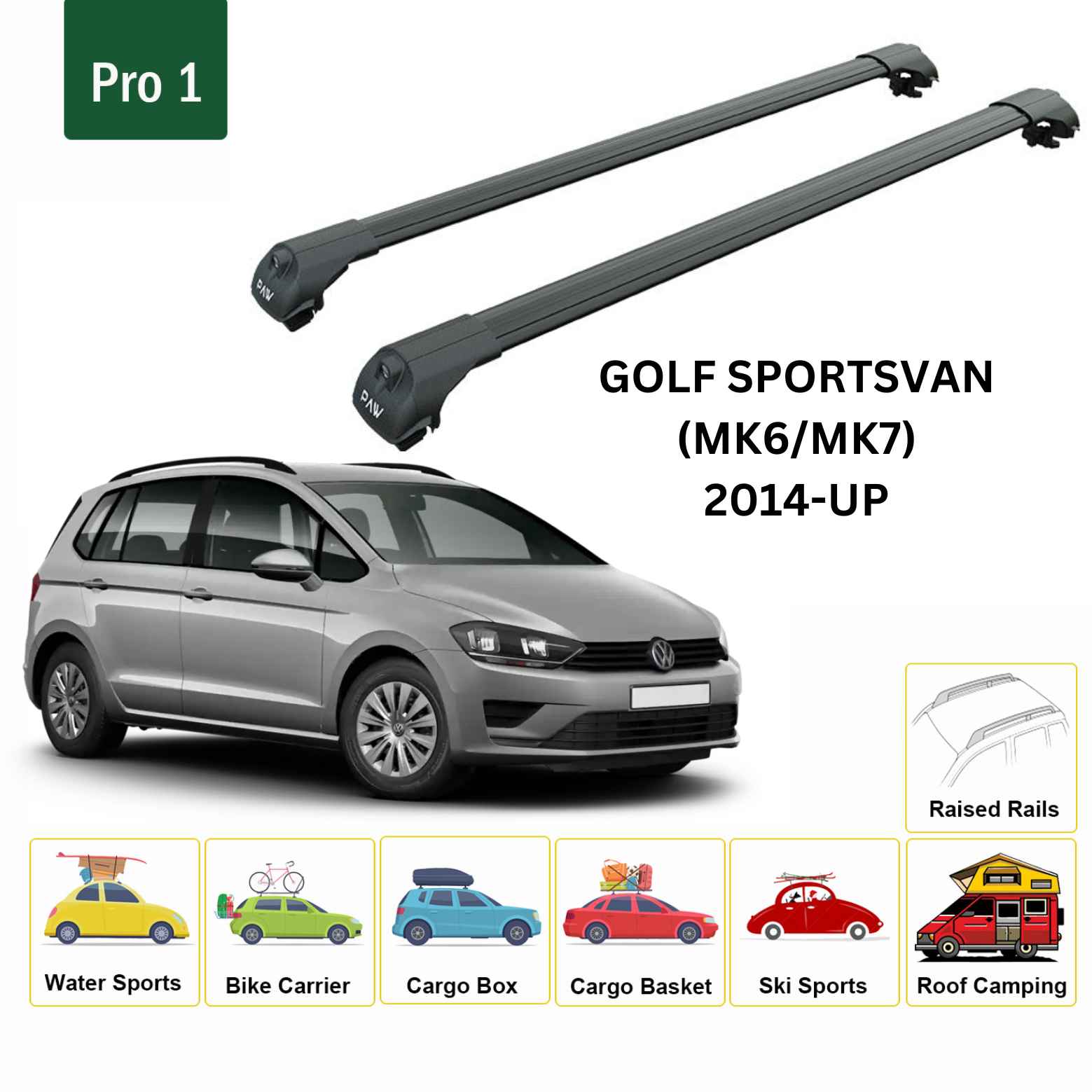 For Volkswagen Golf Sportsvan (MK6/MK7) 2014-Up Roof Rack Cross Bar Raised Rail Alu Black