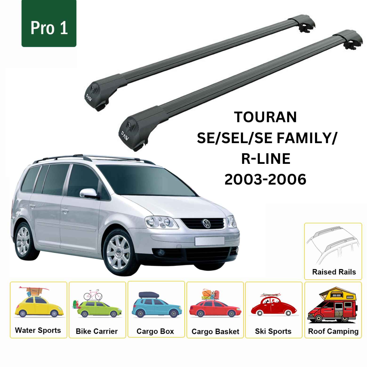 For Volkswagen Touran 2003-06 Roof Rack Cross Bar Raised Rail Alu Black - 0