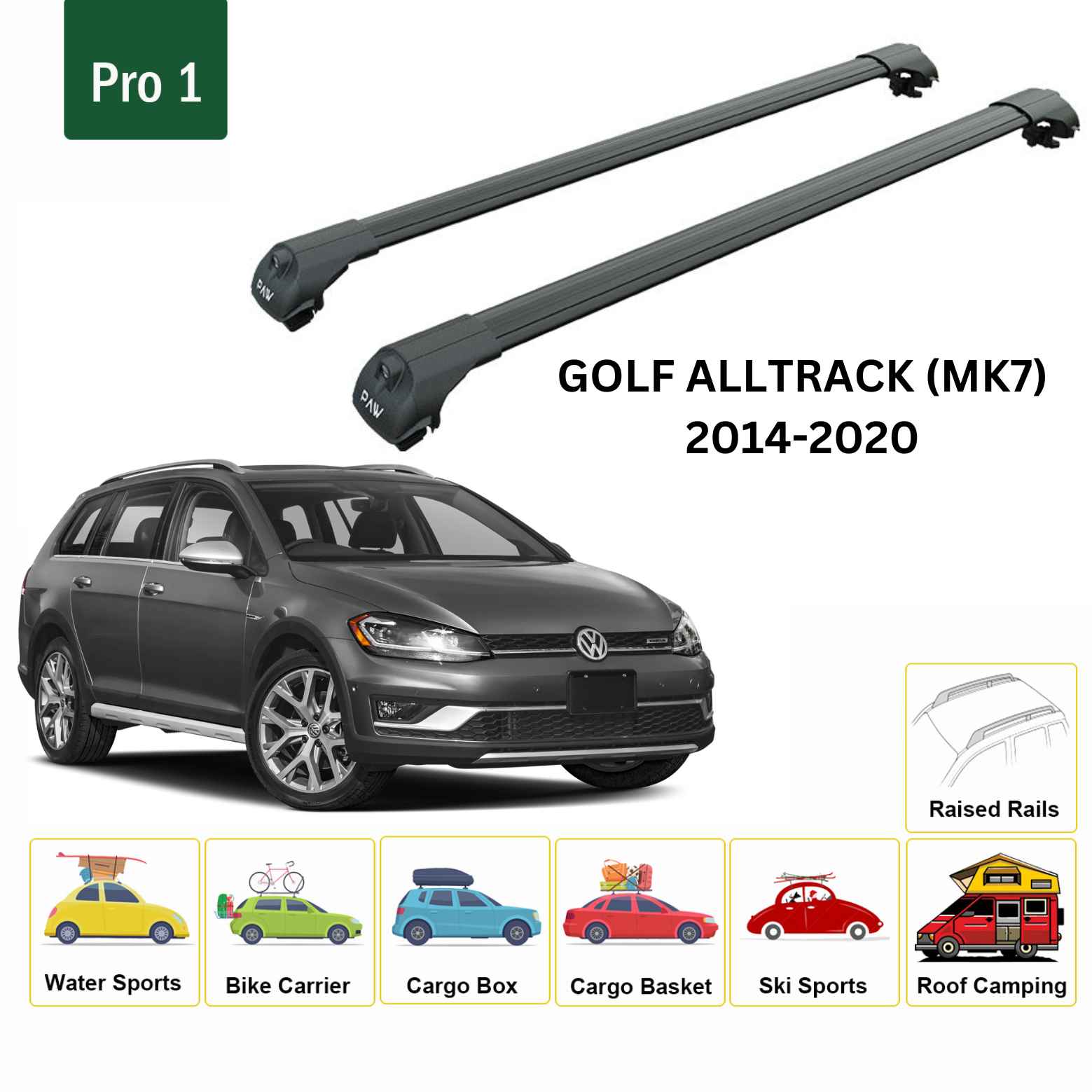 Für Volkswagen Golf Alltrack 2015–20 Dachträger, Querträger, Metallhalterung, erhöhte Schiene, Alu, Schwarz - 0