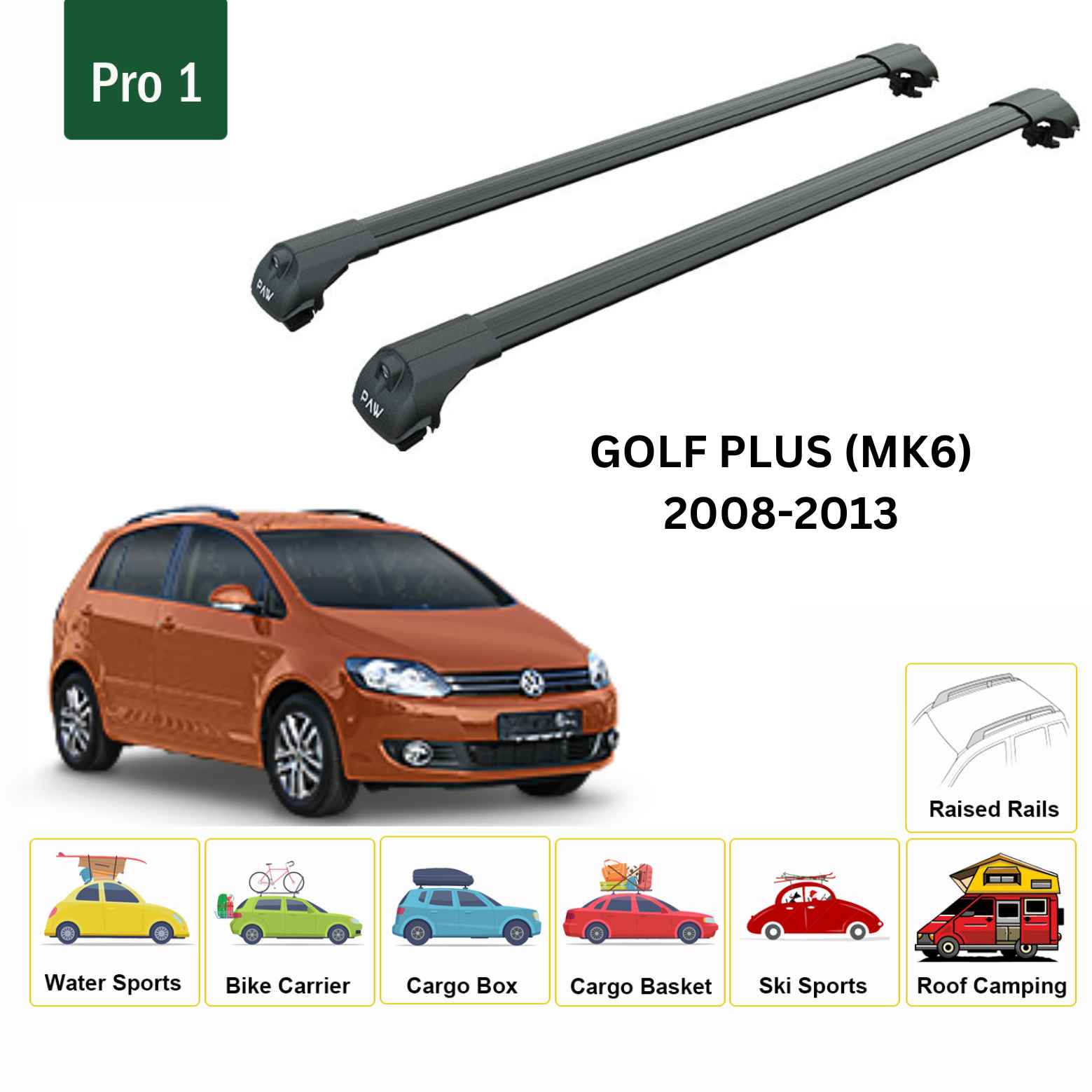 For Volkswagen Golf Plus (MK6) 2008-13 Roof Rack Cross Bar Raised Rail Alu Black