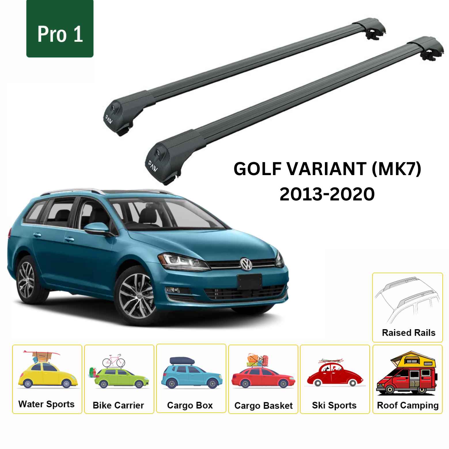 For Volkswagen Golf Variant (MK7) 2013-20 Roof Rack Cross Bar Raised Rail Alu Black