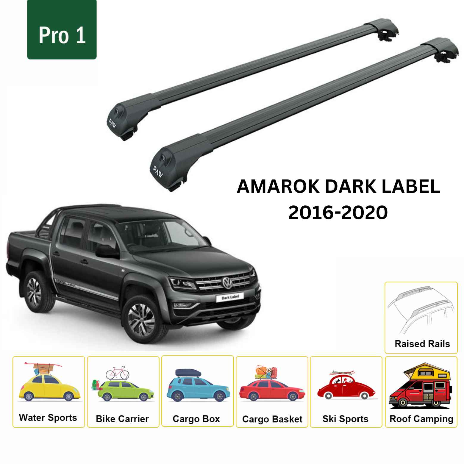 For Volkswagen Amarok Dark Label 2016-20 Roof Side Rails and Roof Rack Cross Bar Alu Black