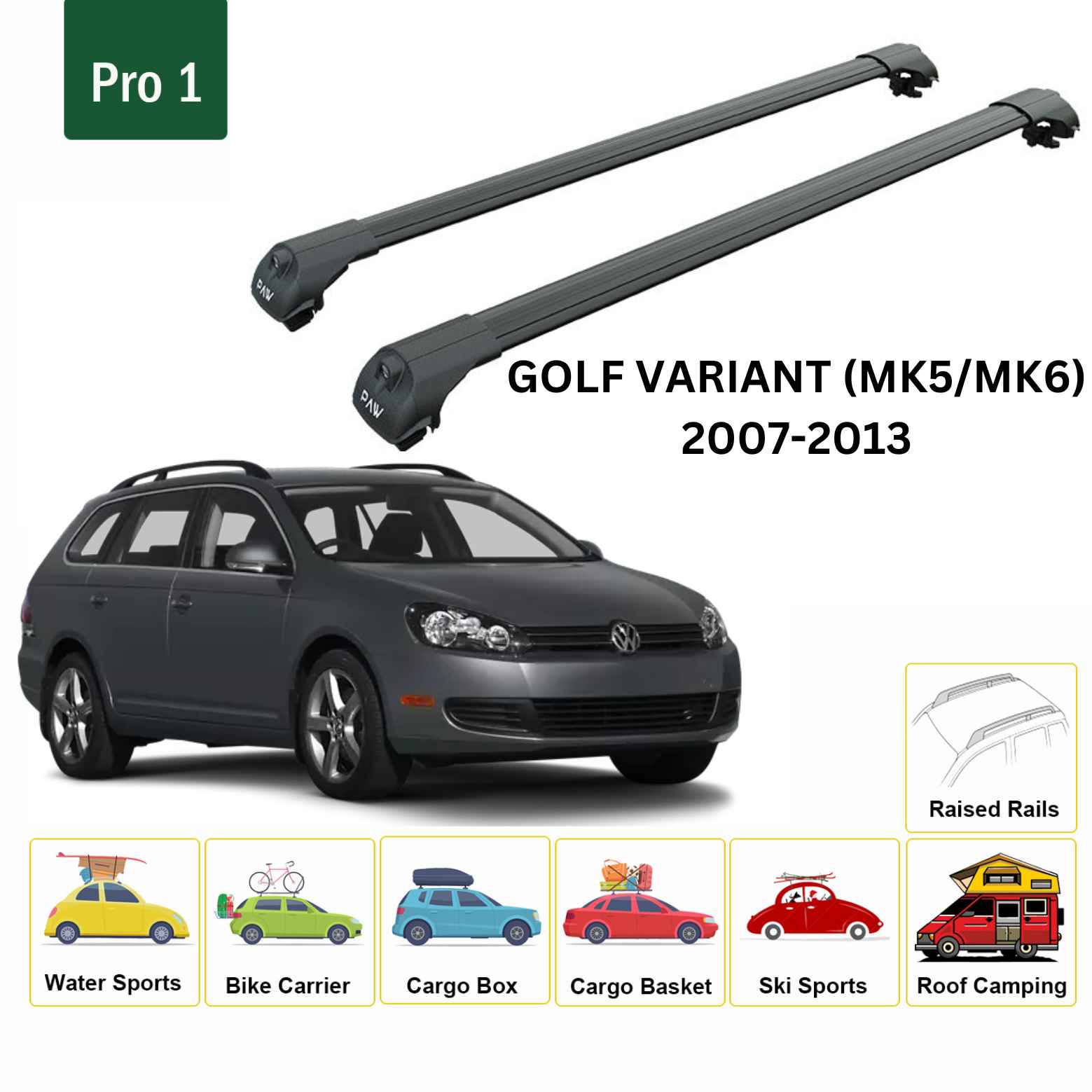 For Volkswagen Golf Variant (MK5/MK6) 2007-13 Roof Rack Cross Bar Raised Rail Alu Black - 0