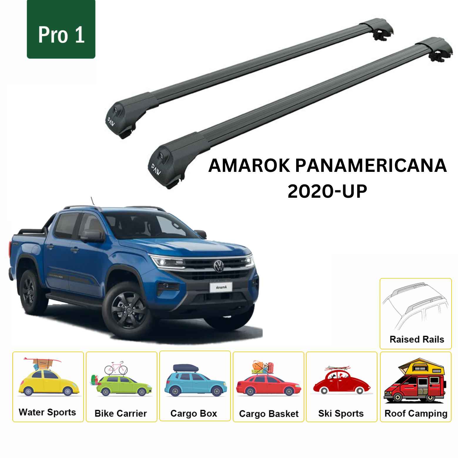 For Volkswagen Amarok Panamericana 2020-Up Roof Rack Cross Bar Raised Rail Alu Black - 0