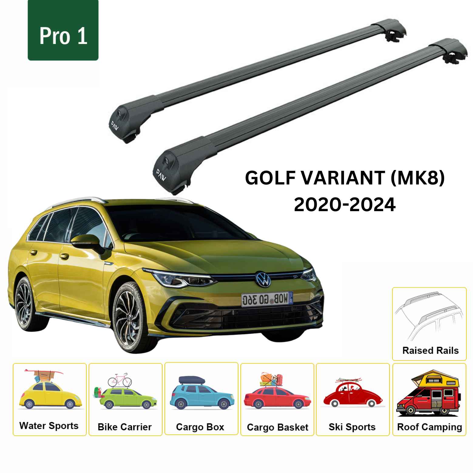 For Volkswagen Golf Variant (MK8) 2020-24 Roof Rack Cross Bar Raised Rail Alu Black - 0