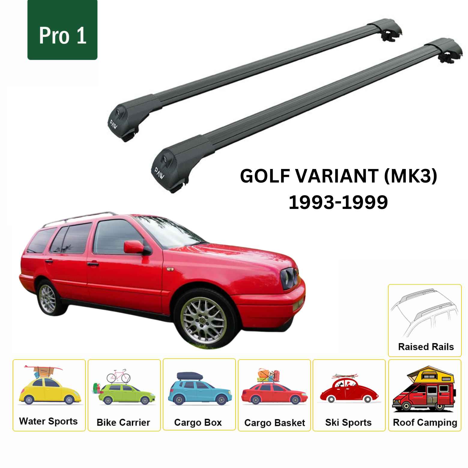 For Volkswagen Golf Variant (MK3) 1993-99 Roof Rack Cross Bar Raised Rail Alu Black - 0