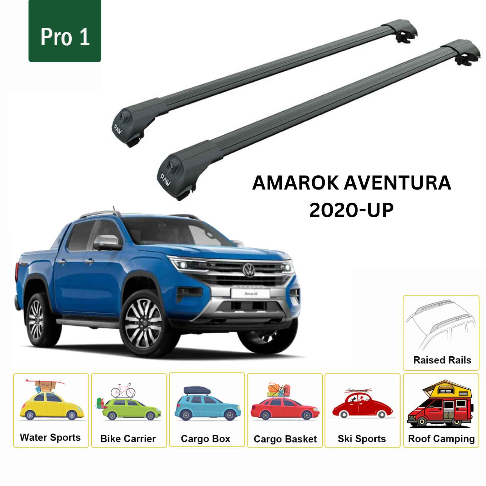 For Volkswagen Amarok Aventura 2020-Up Roof Rack Cross Bar Raised Rail Alu Black