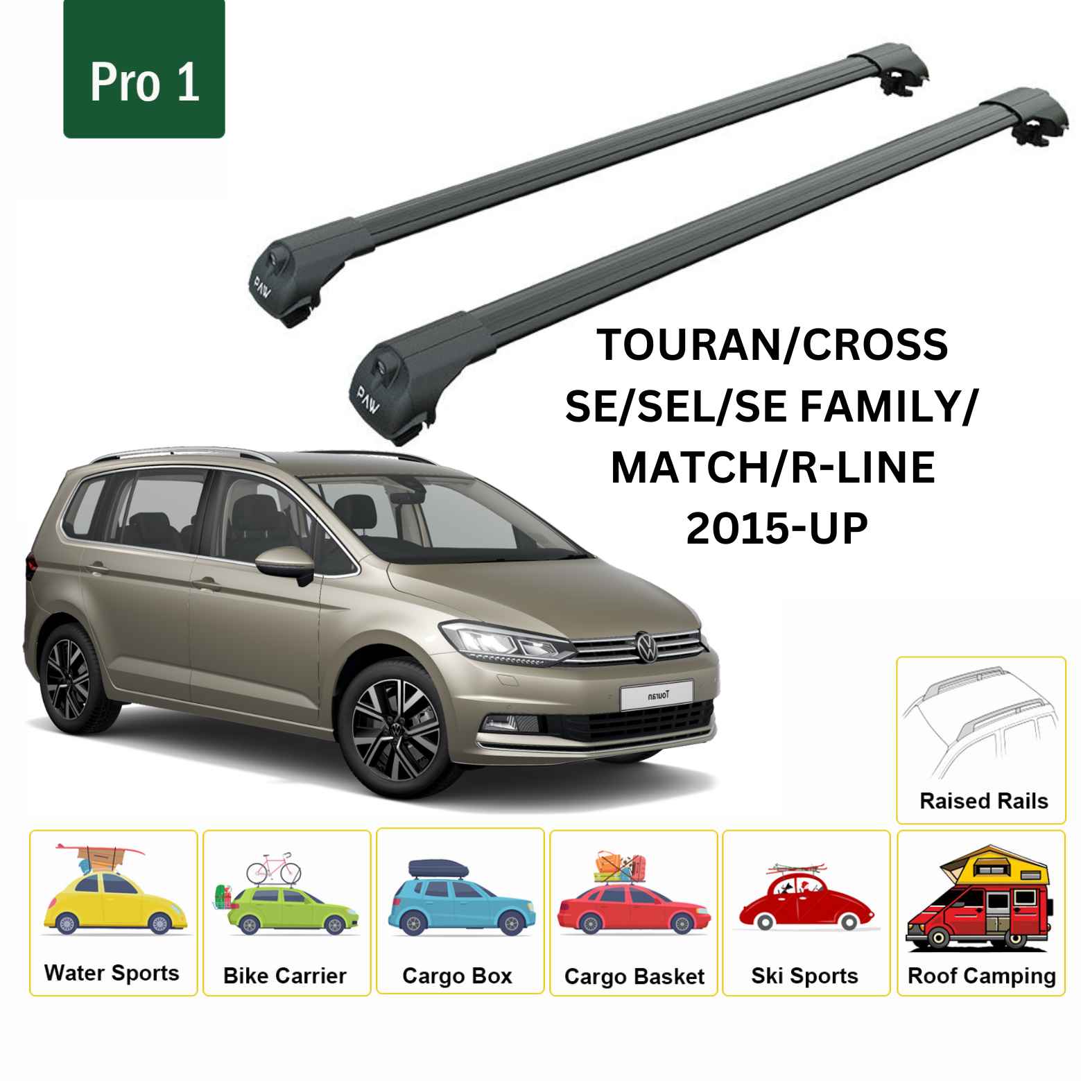 For Volkswagen Touran/Cross 2015-Up Roof Rack Cross Bar Raised Rail Alu Black