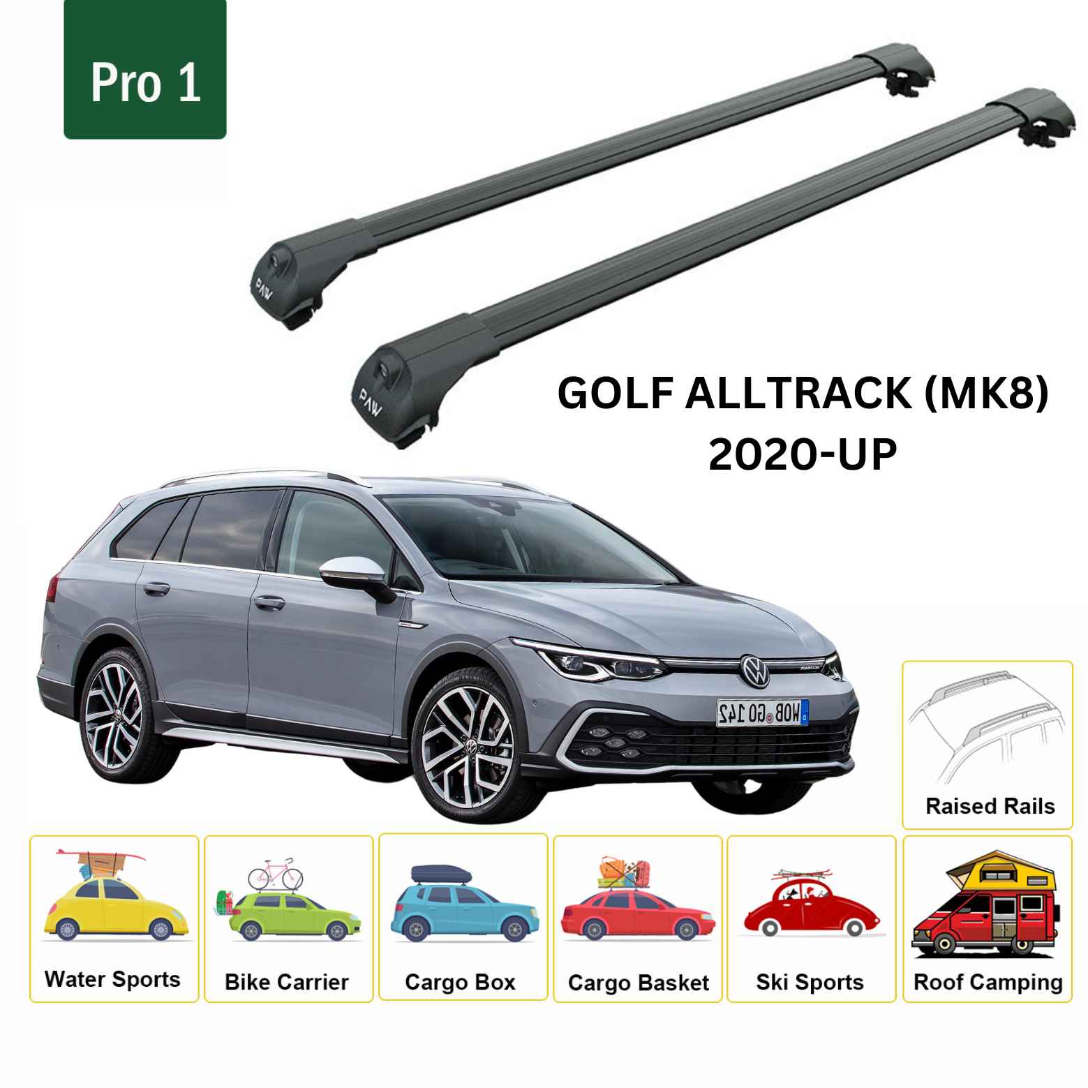 For Volkswagen Golf Alltrack (MK8) 2020-Up Roof Rack Cross Bar Raised Rail Alu Black