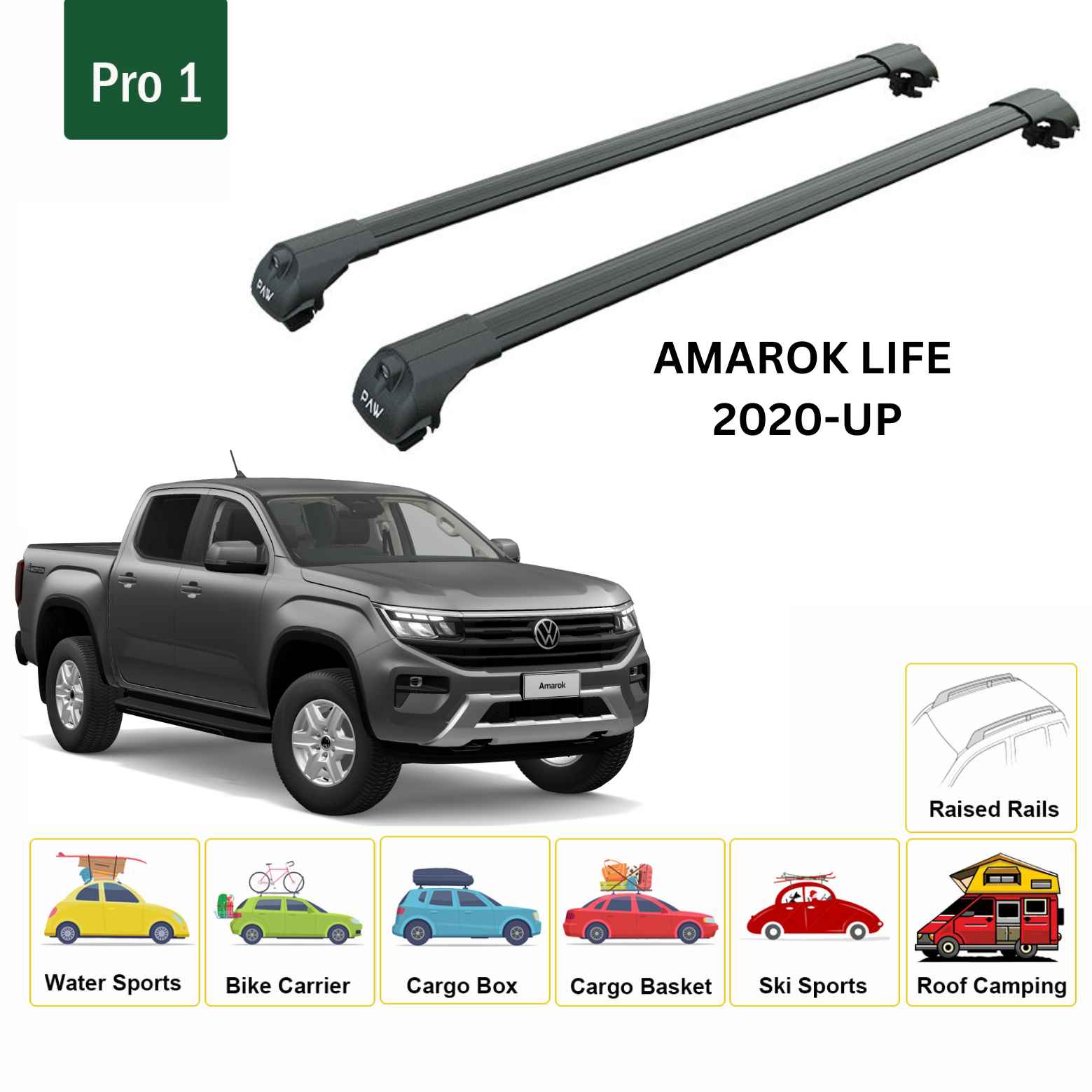 For Volkswagen Amarok Life 2020-Up Roof Side Rails and Roof Rack Cross Bar Alu Black