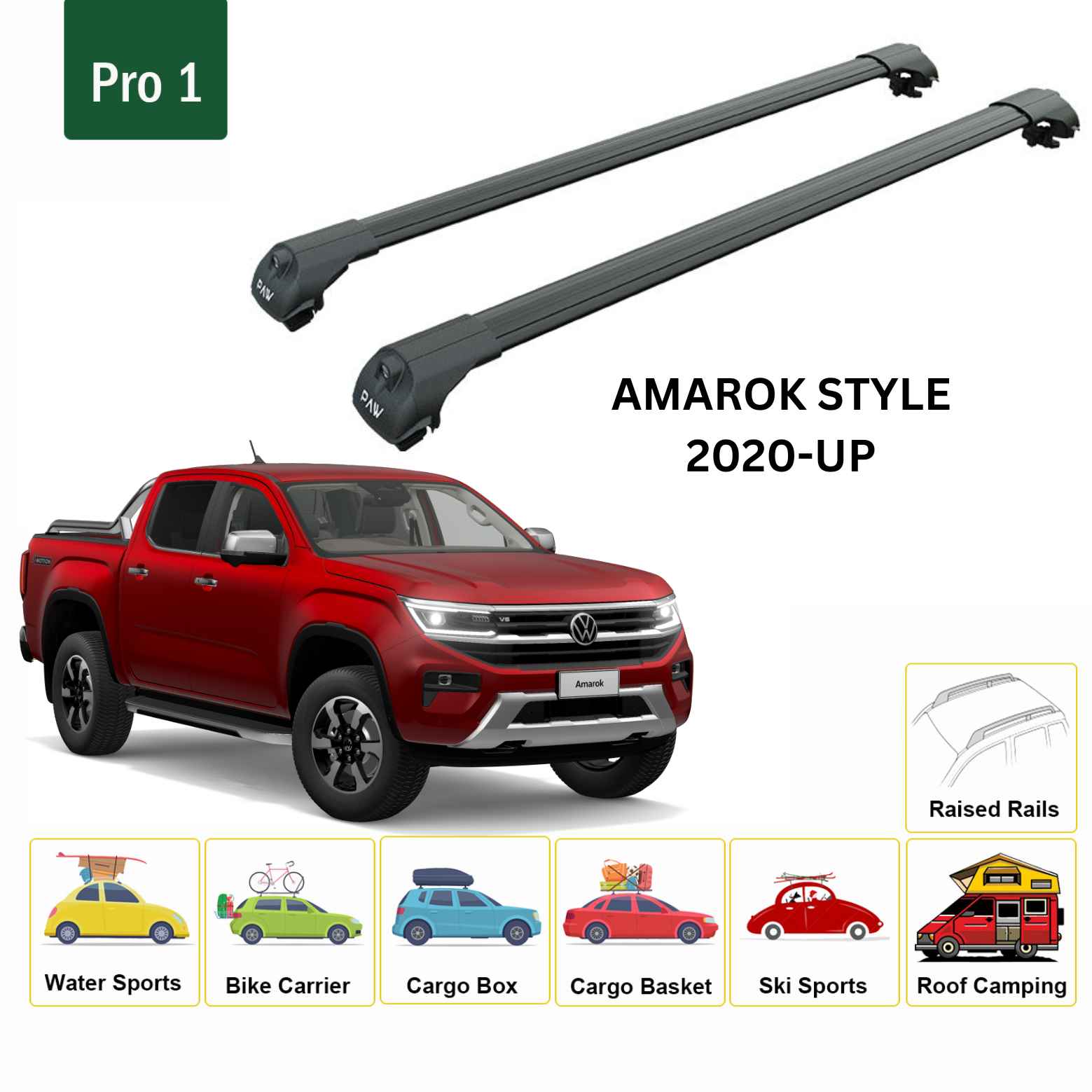 For Volkswagen Amarok Style 2020-Up Roof Side Rails and Roof Rack Cross Bar Alu Black