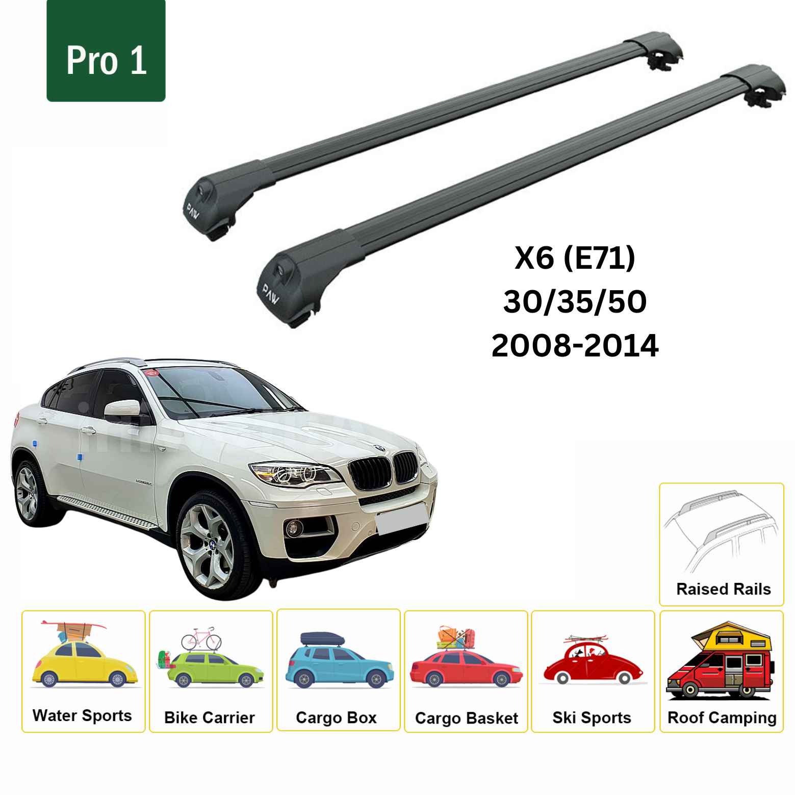 For BMW X6 (E71) 2008-14 Roof Rack Cross Bars Raised Rail Alu Black - 0