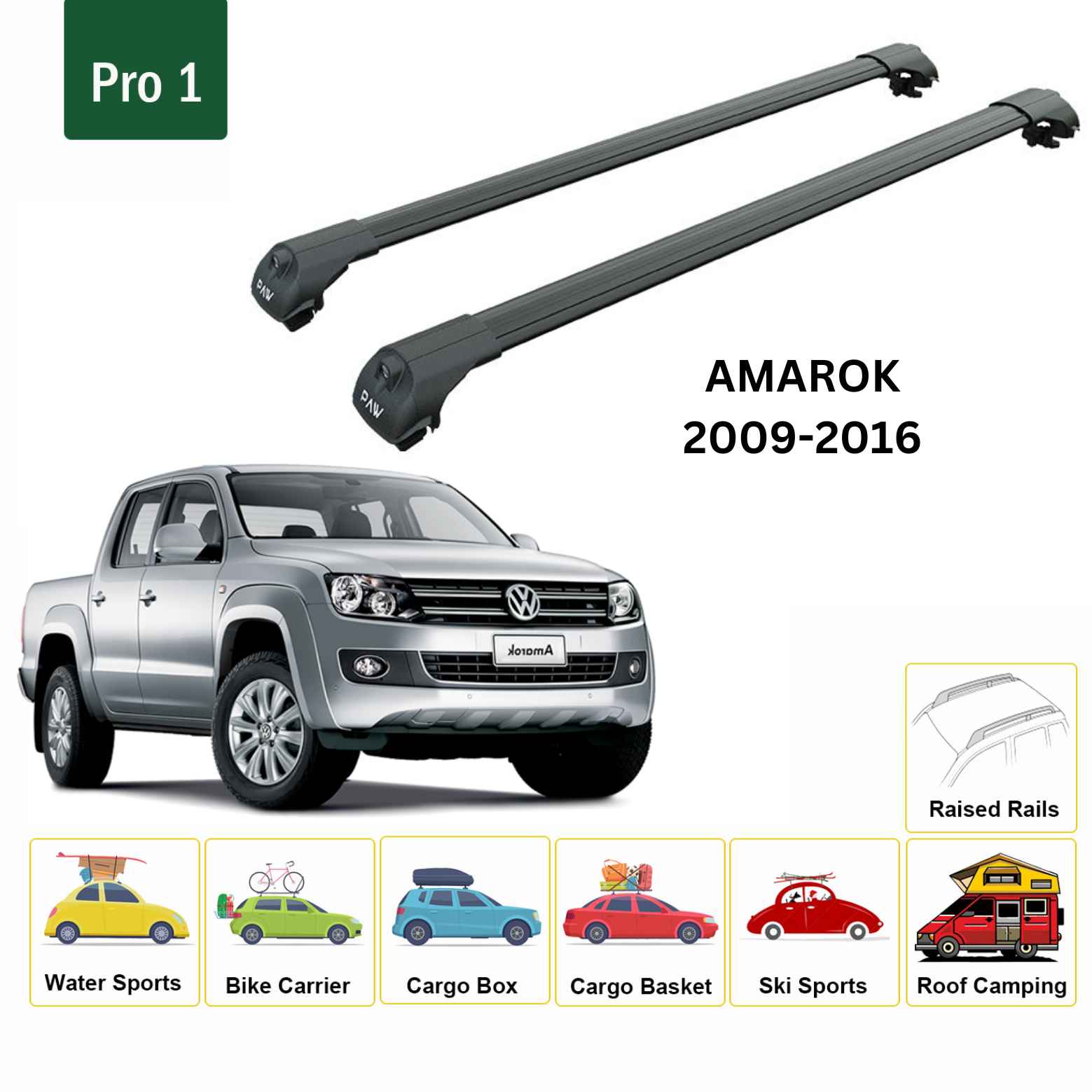 For Volkswagen Amarok 2009-16 Roof Side Rails and Roof Rack Cross Bar Alu Black