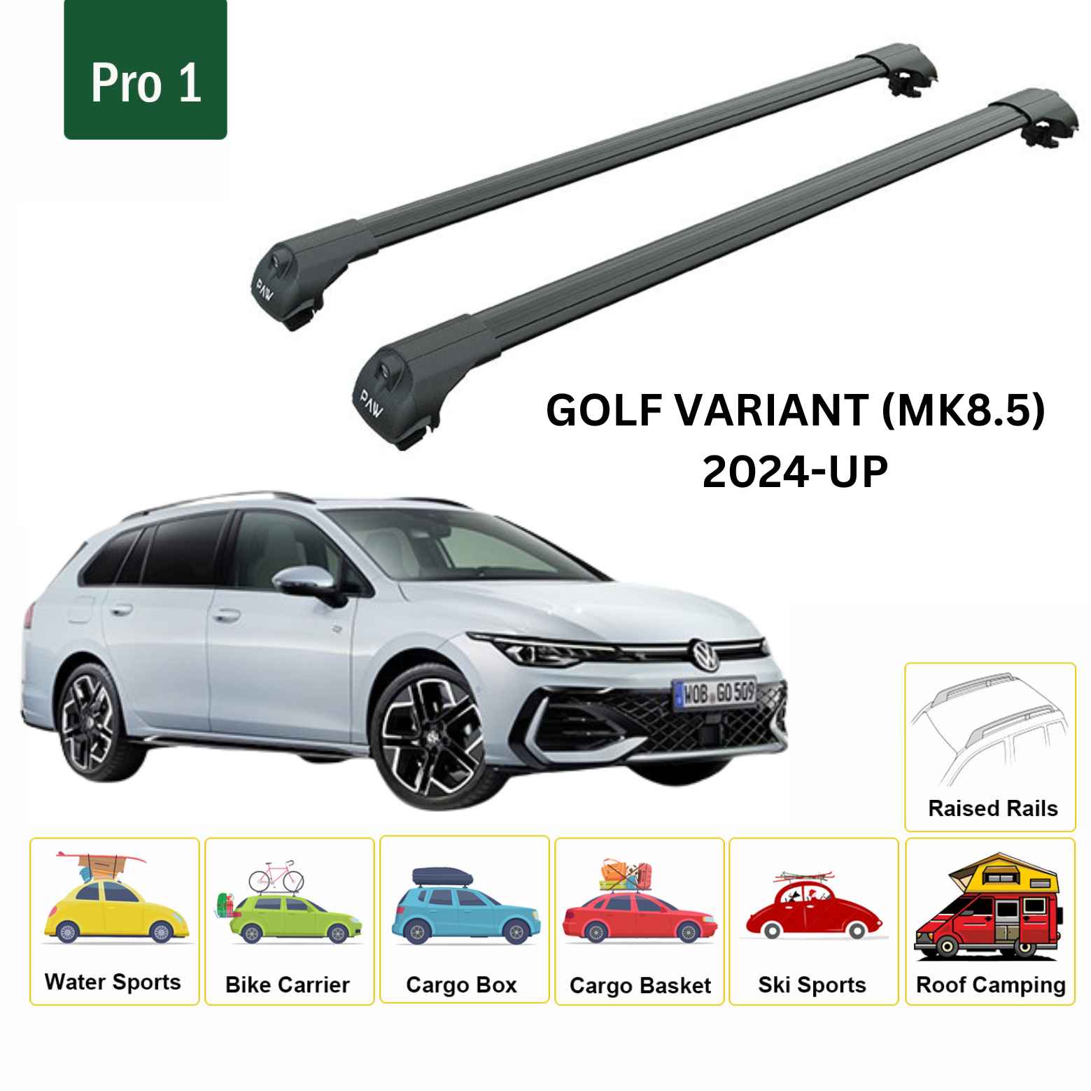 For Volkswagen Golf Variant (MK8.5) 2024-Up Roof Rack Cross Bar Raised Rail Alu Black - 0