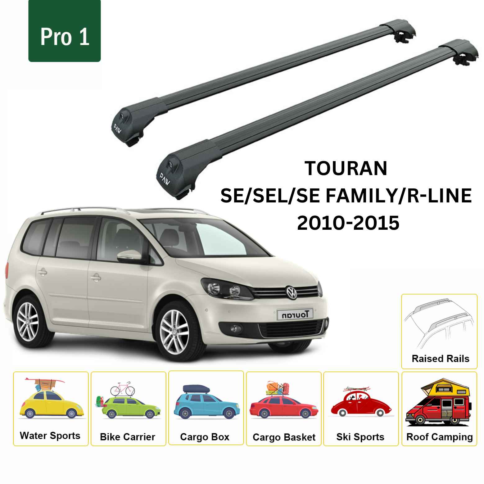 Für Volkswagen Touran 2010–15 Dachträger, Querträger, Metallhalterung, erhöhte Schiene, Alu, Schwarz