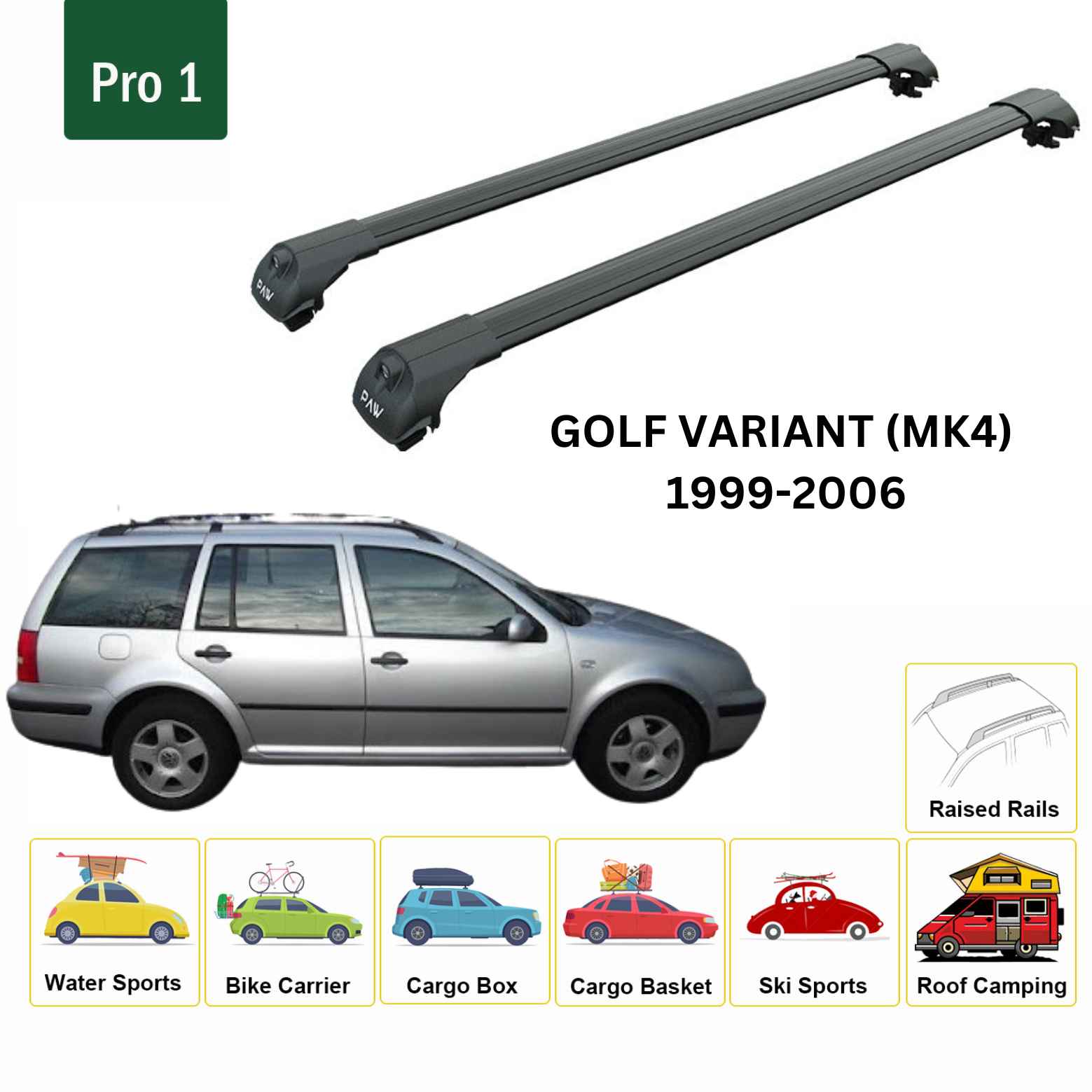 For Volkswagen Golf Variant (MK4) 1999-06 Roof Rack Cross Bar Raised Rail Alu Black