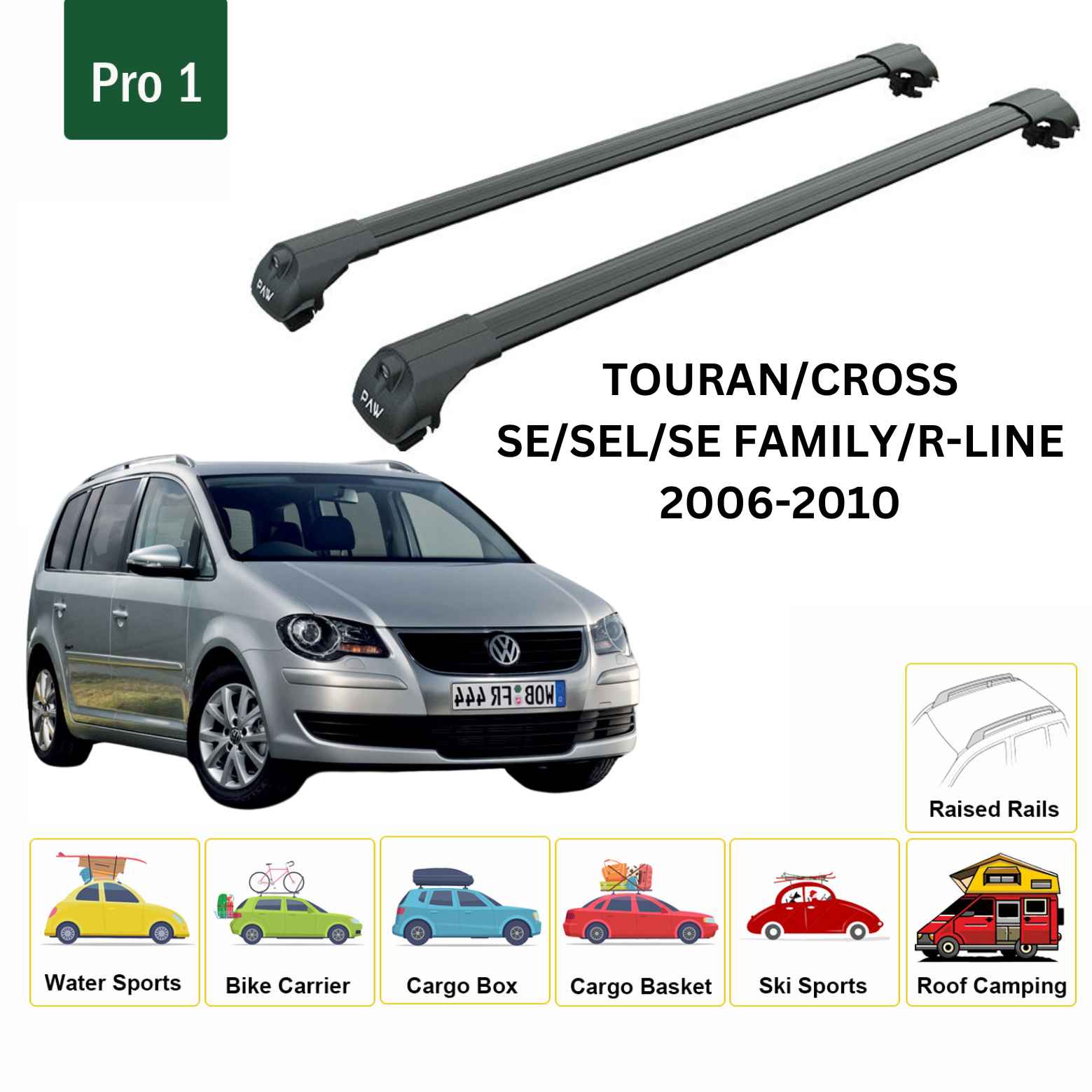 For Volkswagen Touran 2006-10 Roof Rack Cross Bar Raised Rail Alu Black