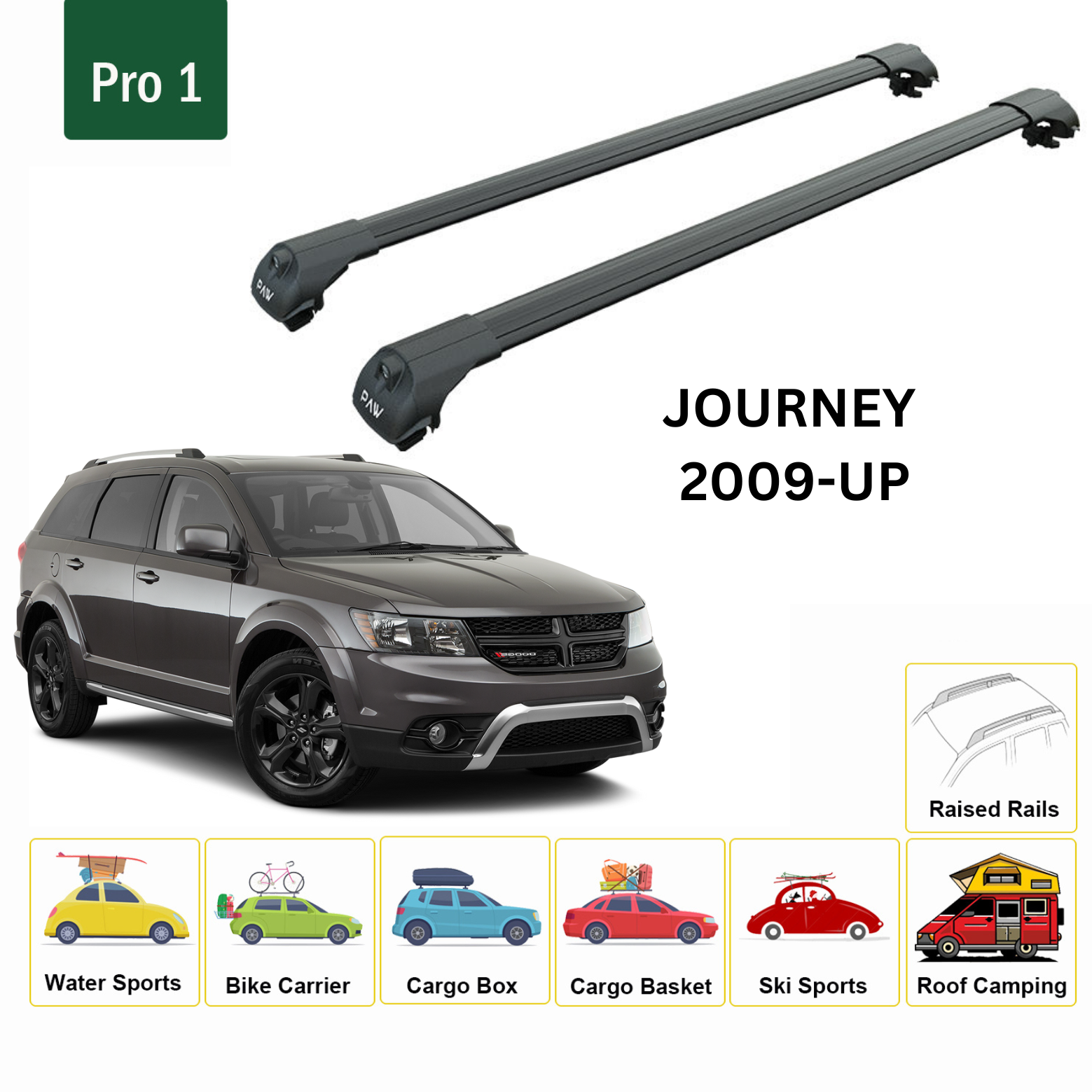 For Dodge Journey 2009-Up Roof Rack Cross Bars Metal Bracket Raised Rail Alu Black - 0