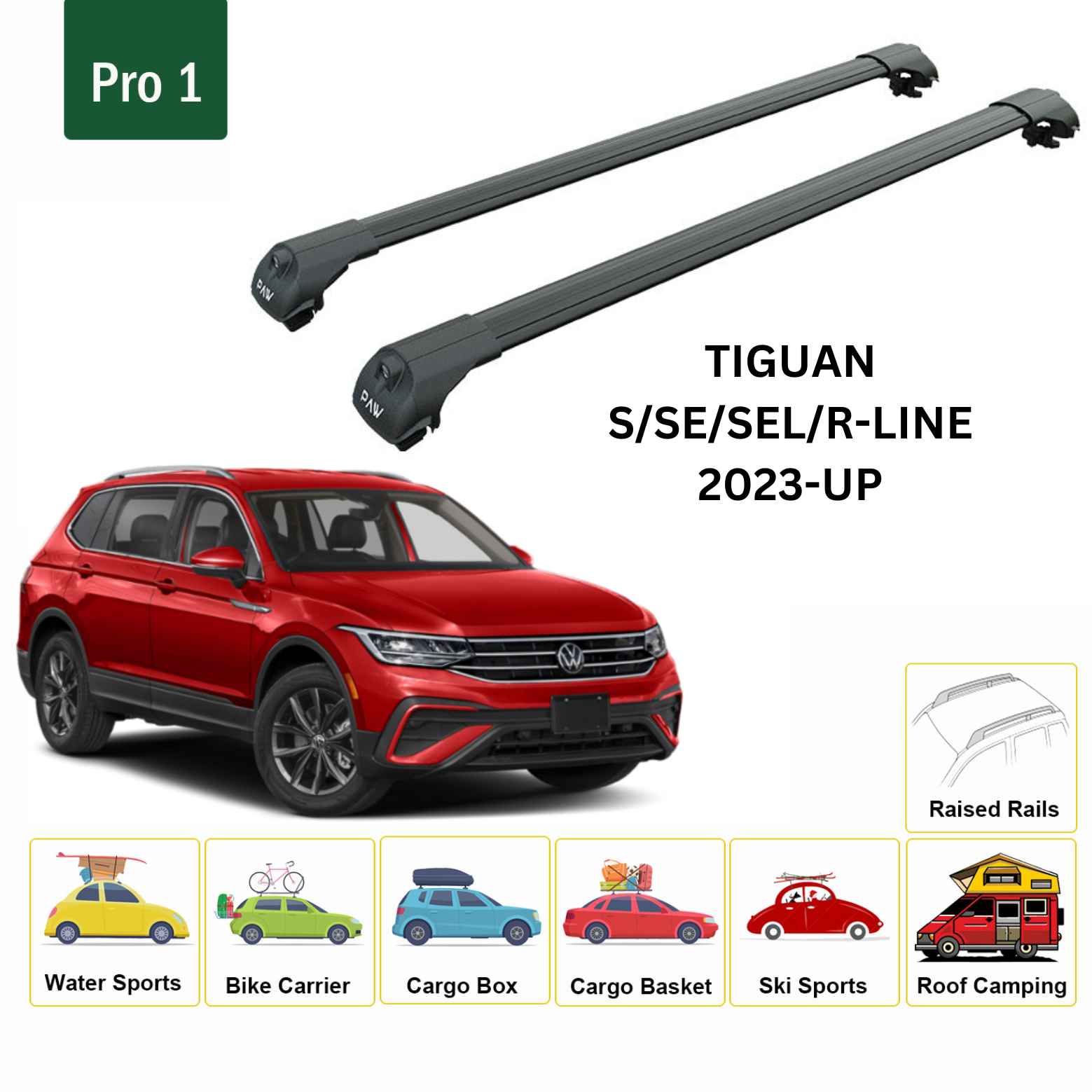 For Volkswagen Tiguan 2023-Up Roof Rack Cross Bar Raised Rail Alu Black