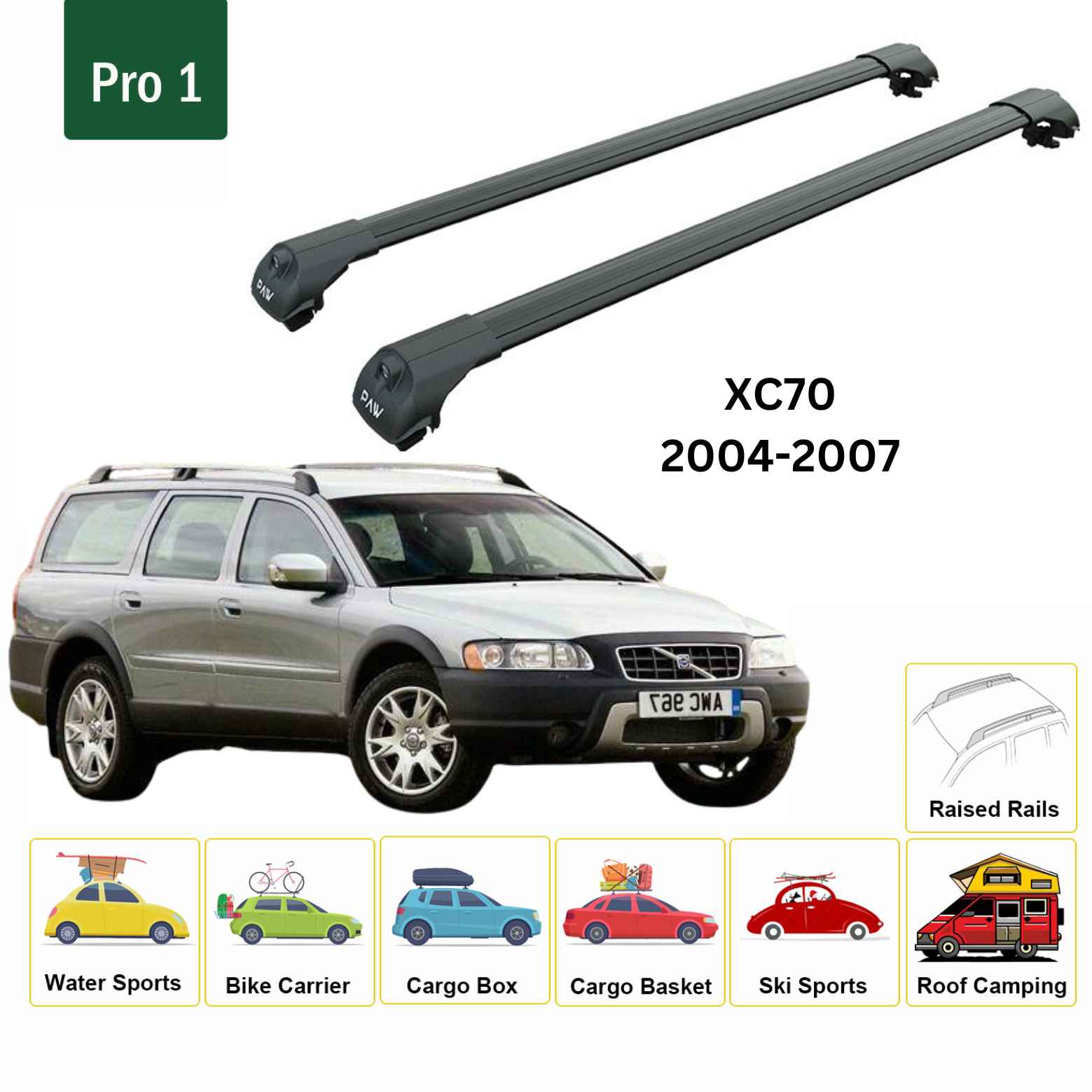 For Volvo XC70 2004-07 Roof Rack Cross Bar Raised Rail Alu Black