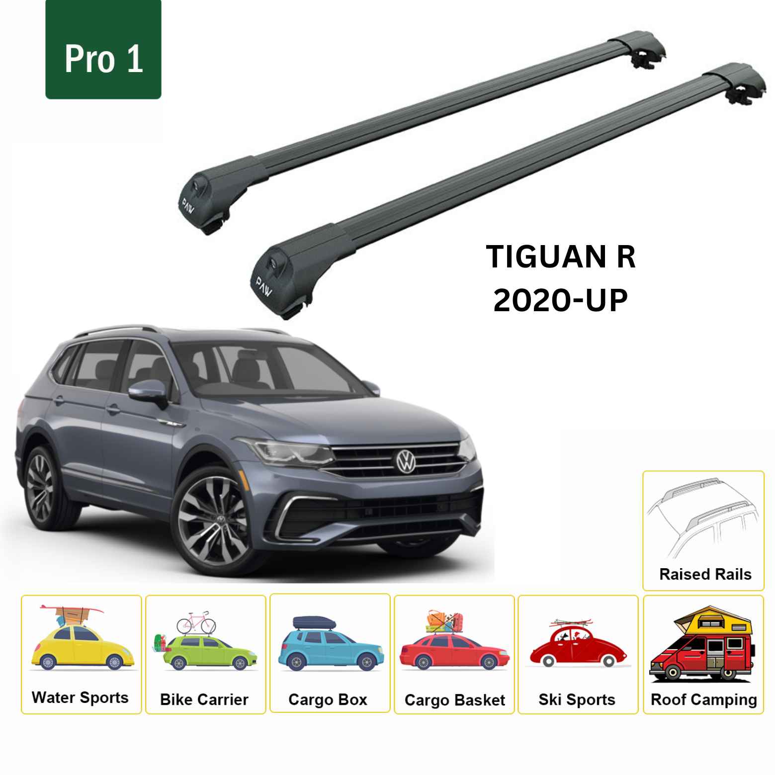 For Volkswagen Tiguan R 2020-Up Roof Rack Cross Bar Raised Rail Alu Black - 0