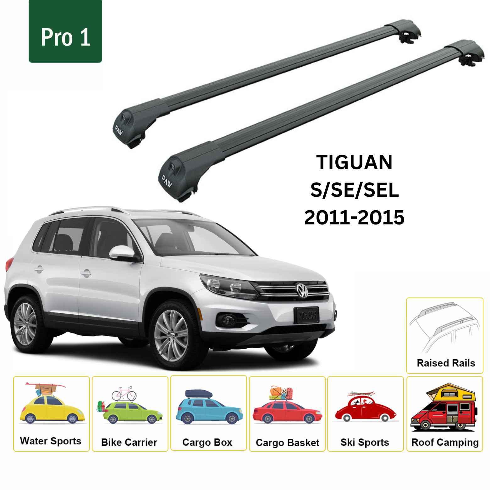 For Volkswagen Tiguan 2011-15 Roof Rack Cross Bar Raised Rail Alu Black - 0