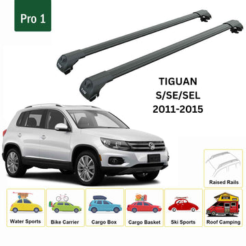 For Volkswagen Tiguan 2007-2015 Roof Rack Cross Bar Raised Rail Alu Black - 0