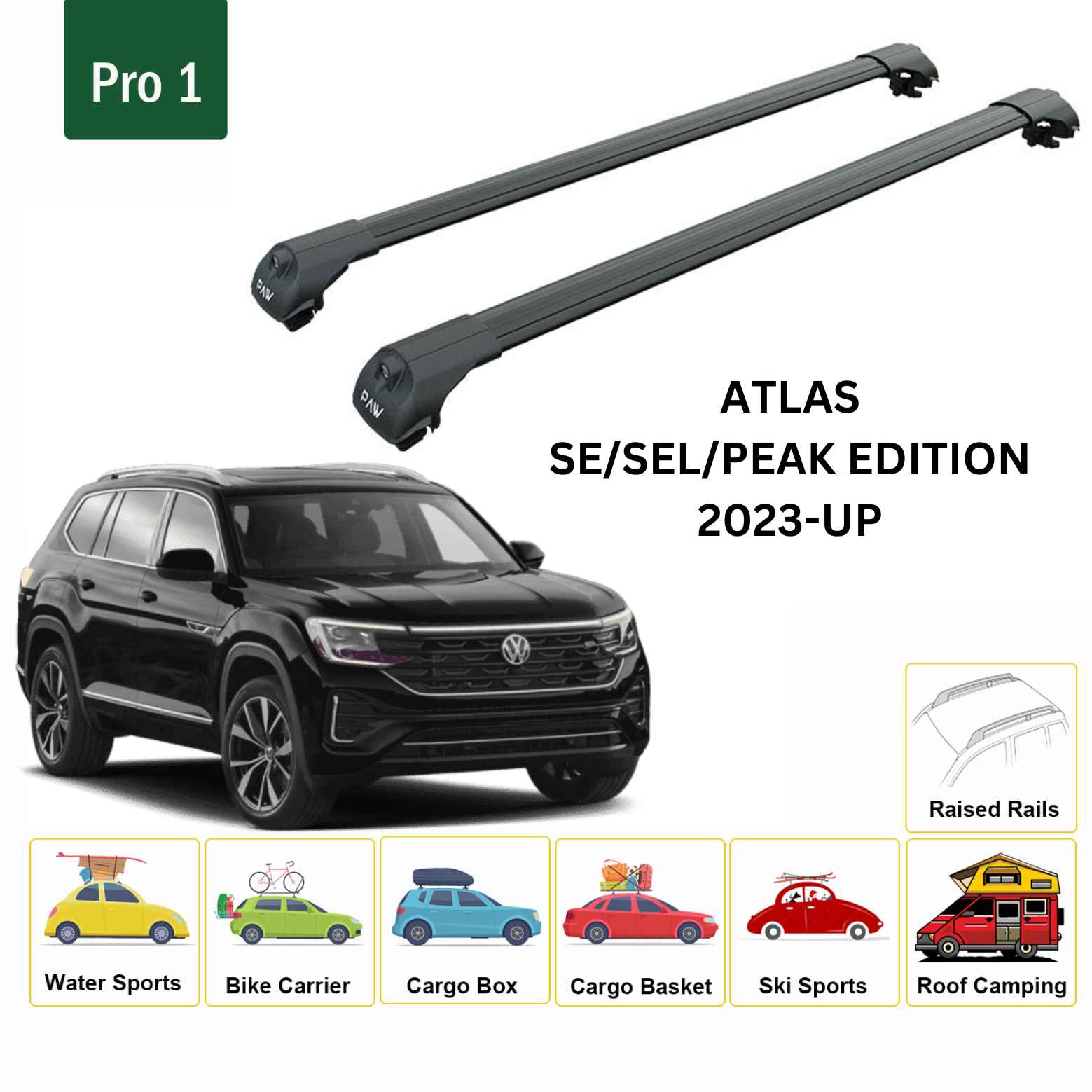 For Volkswagen Atlas 2023-Up Roof Rack Cross Bar Raised Rail Alu Black