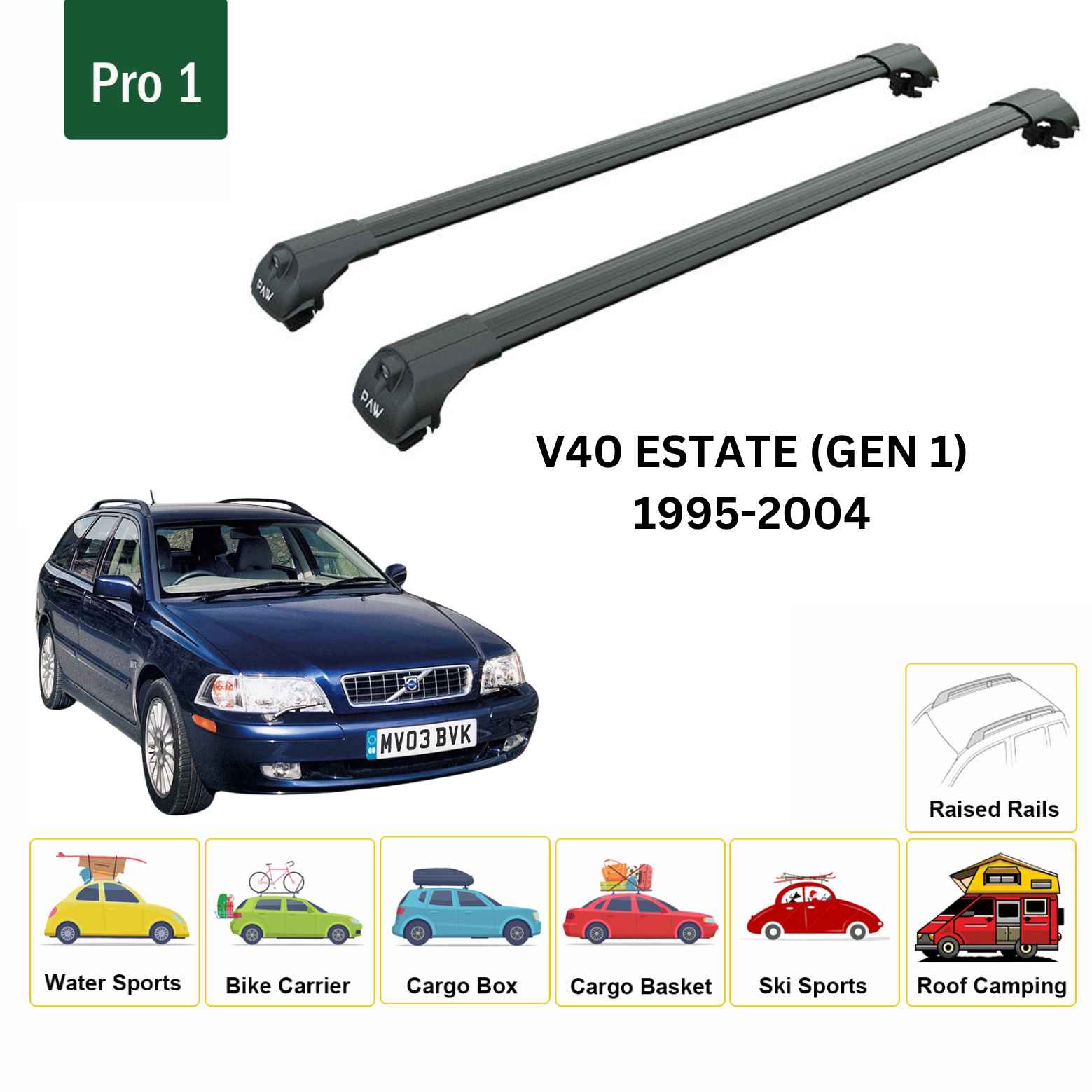 For Volvo V40 Estate 1995-04 Roof Rack Cross Bar Raised Rail Alu Black - 0
