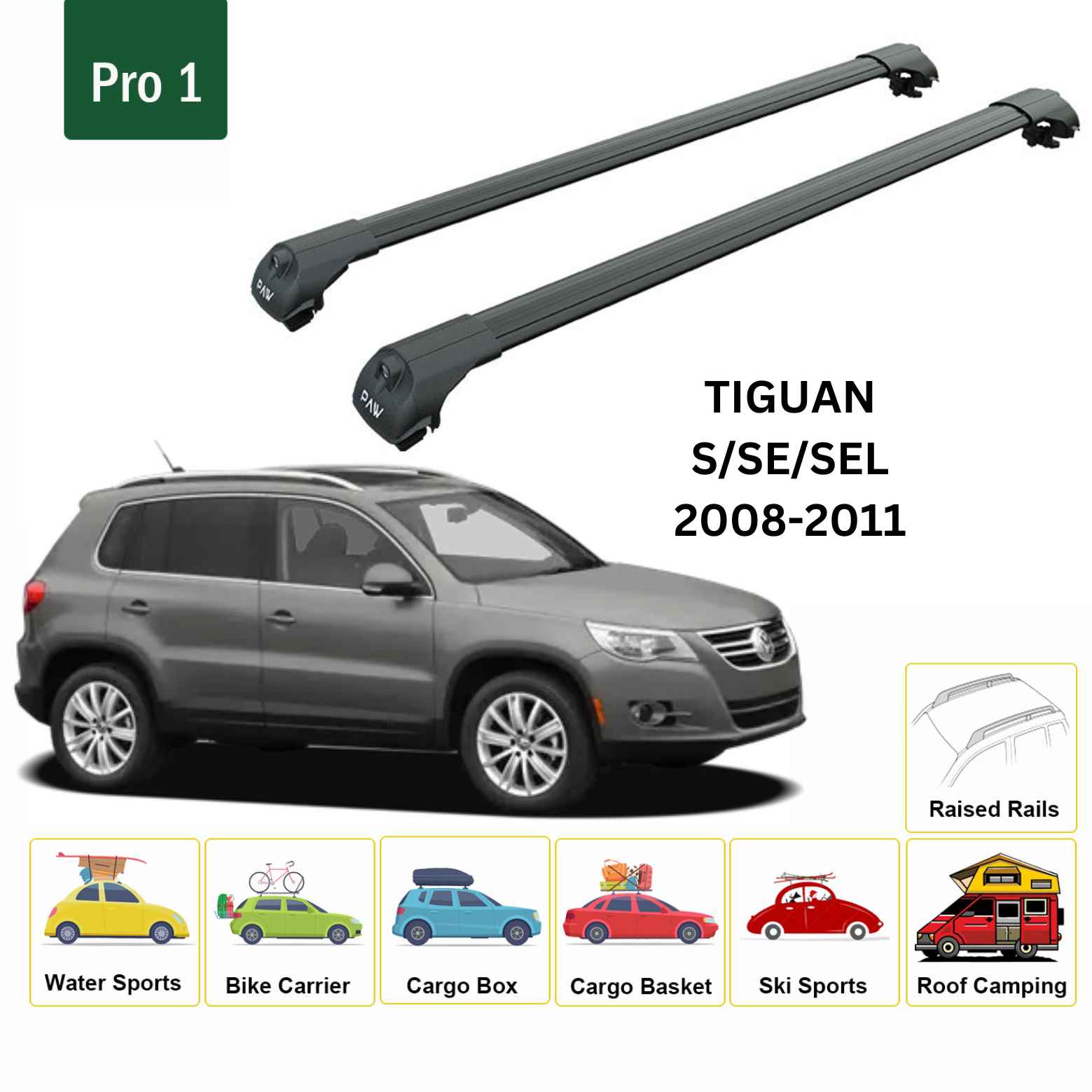 For Volkswagen Tiguan 2008-11 Roof Rack Cross Bar Raised Rail Alu Black - 0