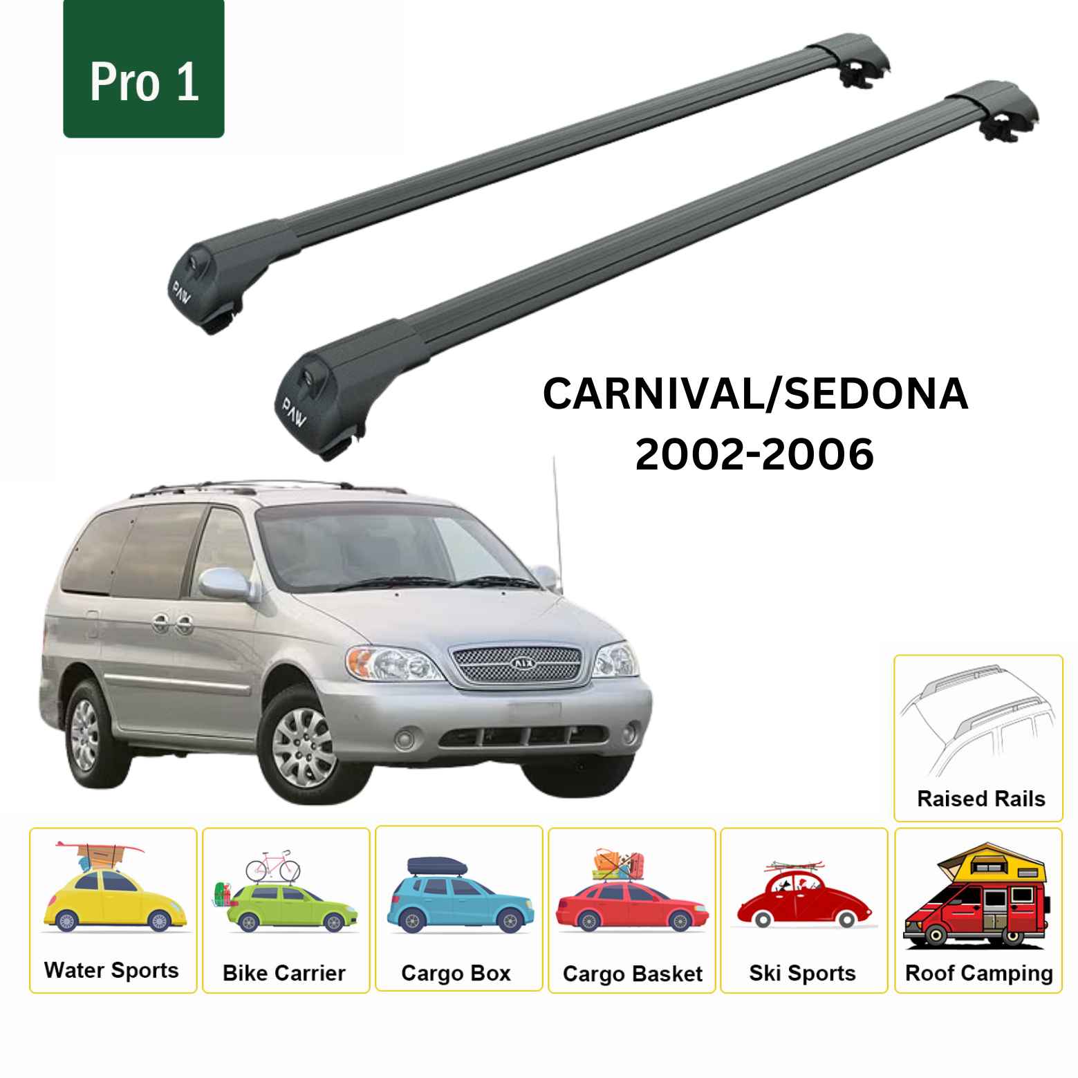 For Kia Carnival/Sedona 2002-06 Roof Rack Cross Bars Raised Rail Alu Black - 0