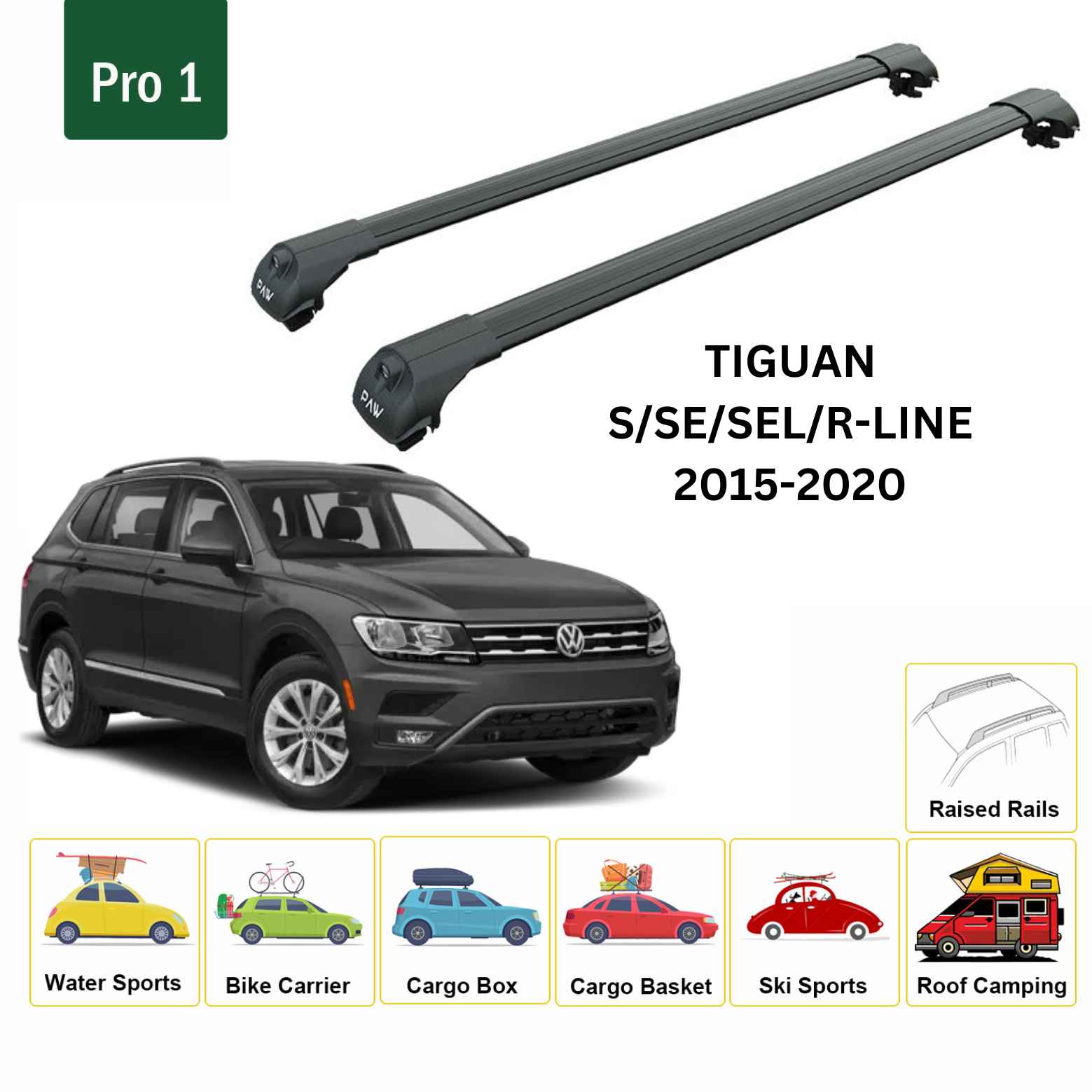 For Volkswagen Tiguan 2015-20 Roof Rack Cross Bar Raised Rail Alu Black - 0