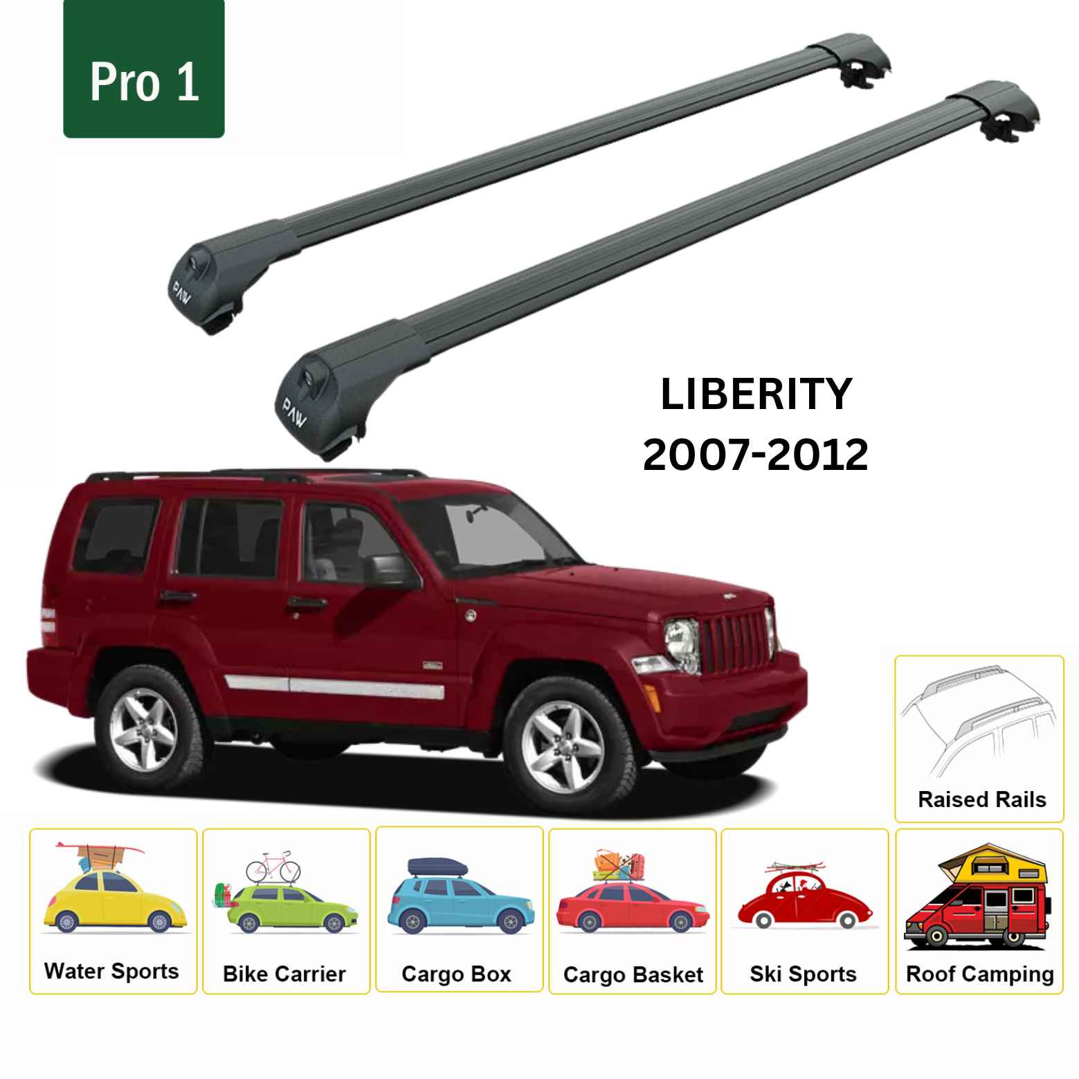 For Jeep Liberty 2007-12 Roof Rack Cross Bars Raised Rail Alu Black - 0