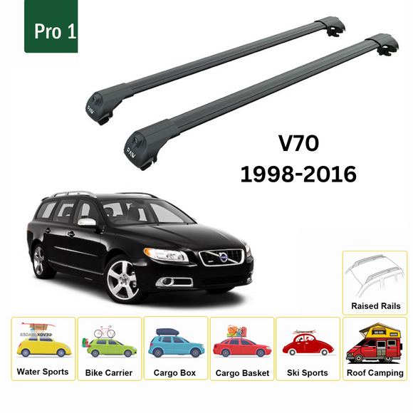 Für Volvo V70 Kombi 1998–16, Dachträger, Querstange, Metallhalterung, erhöhte Schiene, Alu, Schwarz