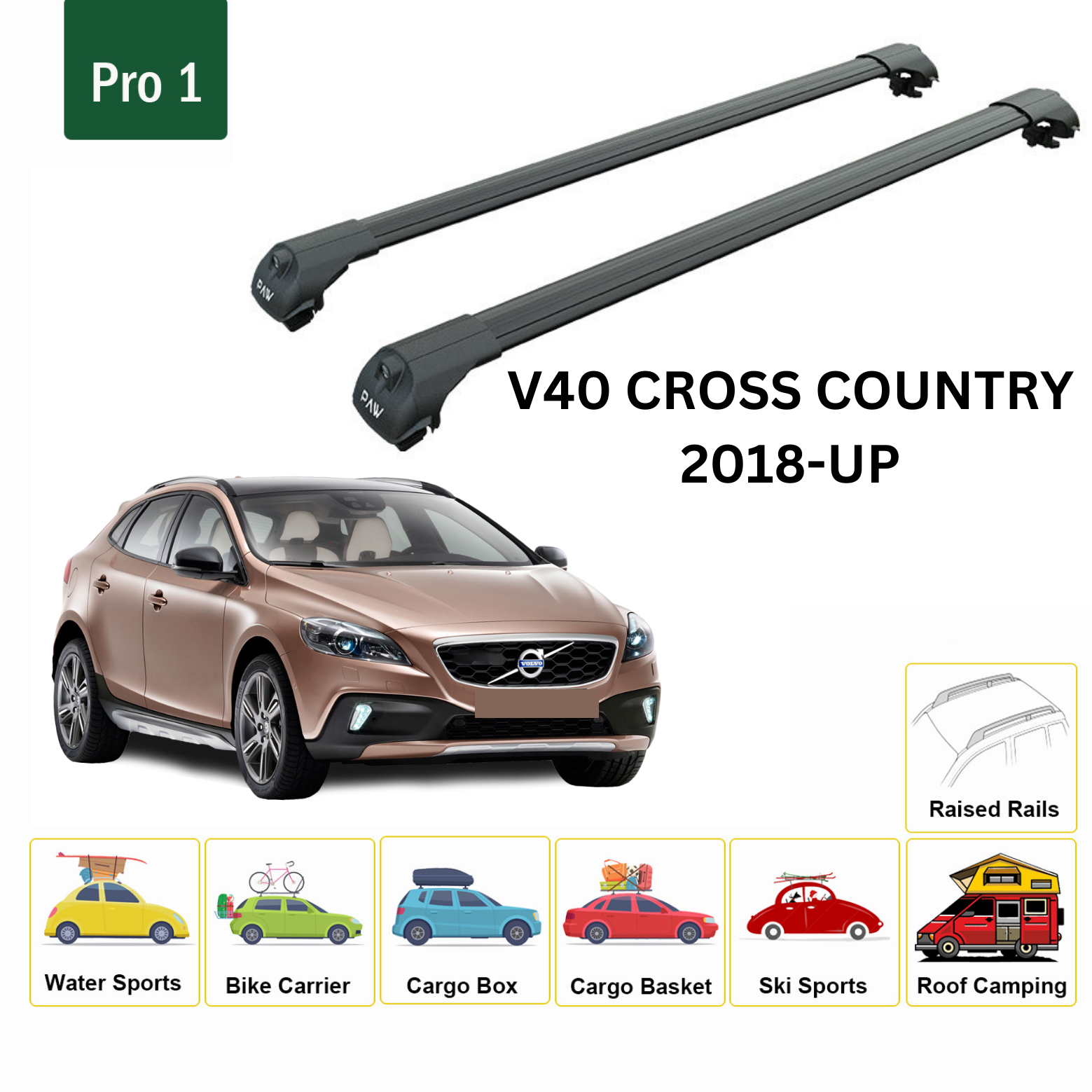 Für Volvo V40 Cross Country 2018-Up Dachträger Querträger Metallhalterung Erhöhte Schiene Alu Schwarz - 0