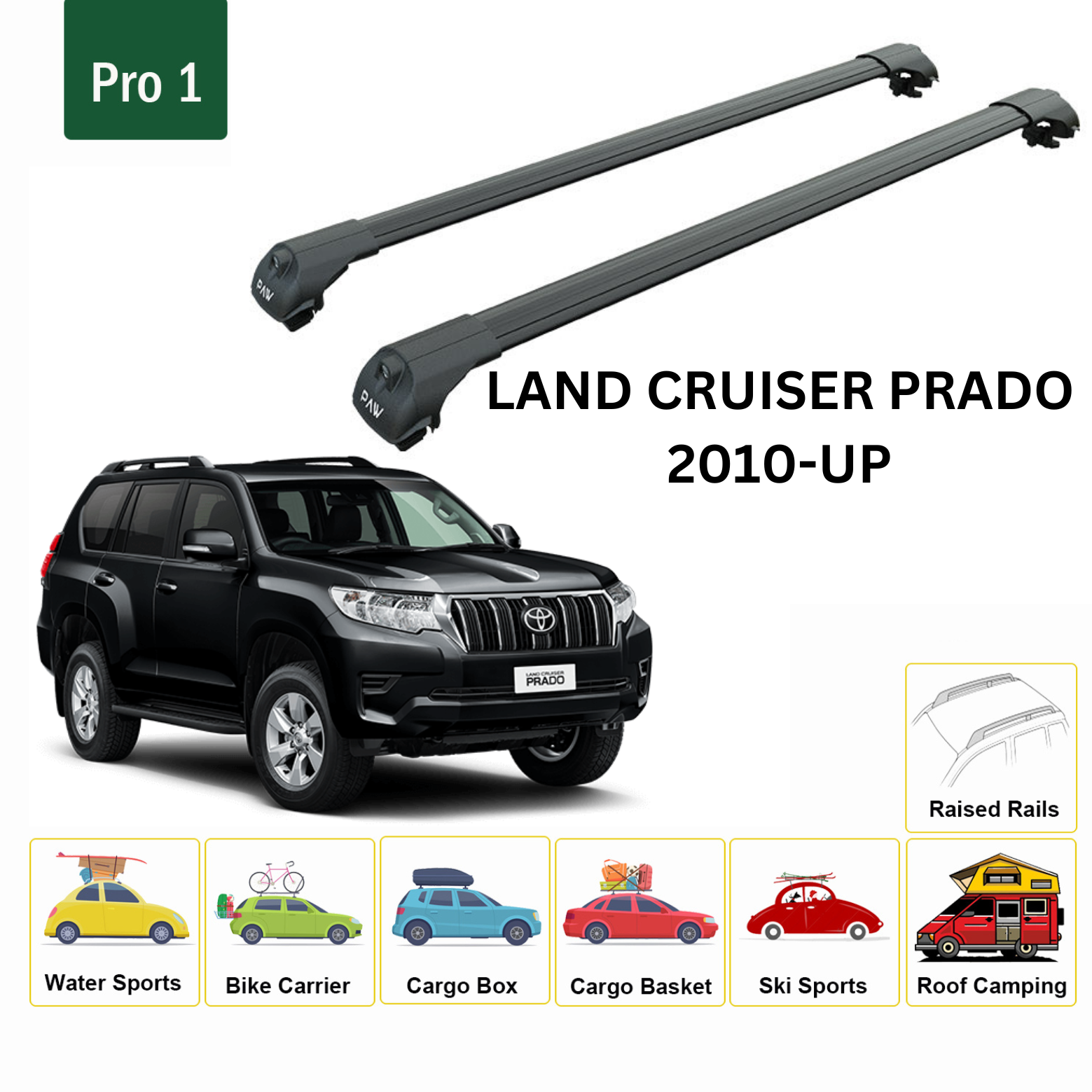 For Toyota Land Cruiser Prado 2009-Up Roof Rack Cross Bars Metal Bracket Raised Rail Alu Black-2
