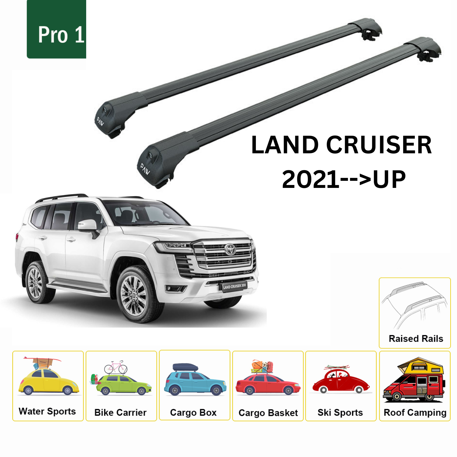 For Toyota Land Cruiser 300 Roof Rack Cross Bars Metal Bracket Raised Rail Alu Black 2021-Up