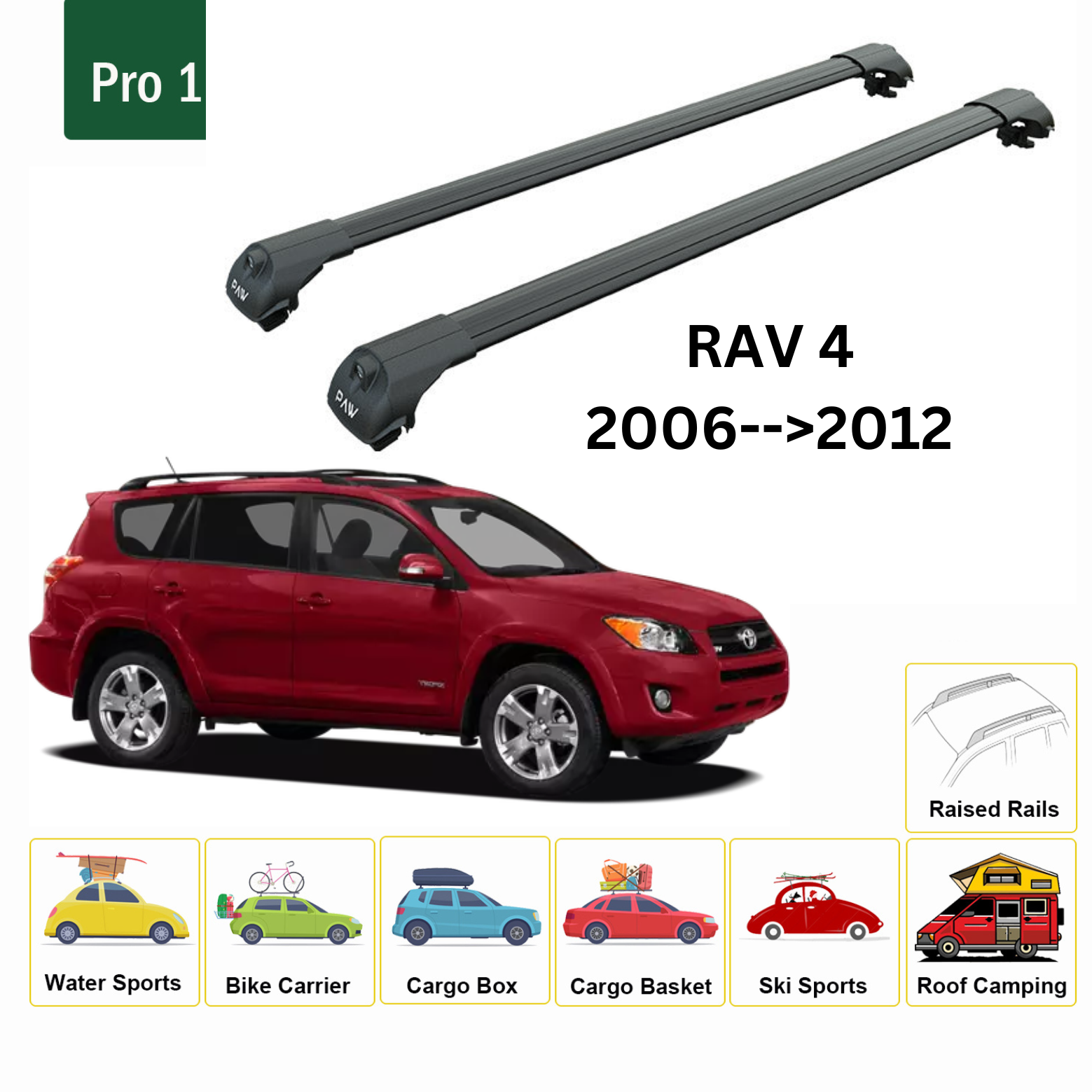For Toyota Rav 4 2006-12 Roof Rack Cross Bar Metal Bracket Raised Rail Alu Black - 0