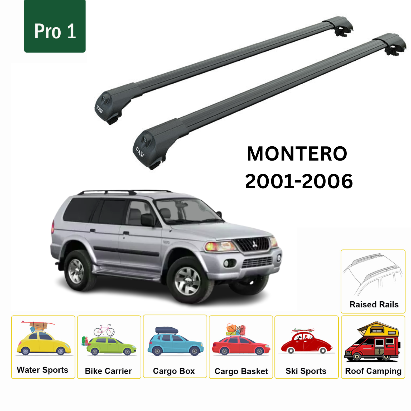For Mitsubishi Montero Sport 2001-06 Roof Rack Cross Bars Metal Bracket Raised Rail Alu Black