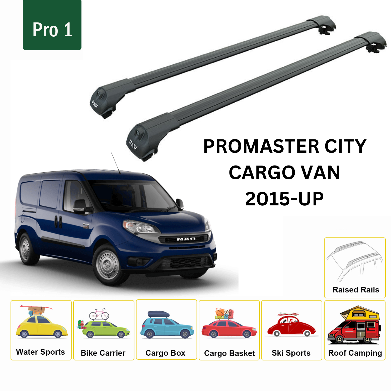 For RAM ProMaster City 2015-Up Roof Side Rails and Roof Rack Cross Bars Alu Black-3